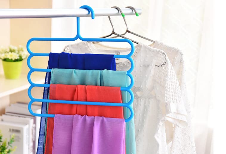 5-Layer Slip-Free Closet Pants Organizer - Space-Saving Multifunctional Clothes Hanger for Trousers, Scarves, Ties (3 Pack, Pink/Green/Blue) - Perfect for Bedroom, Closet & Travel Storage Organization