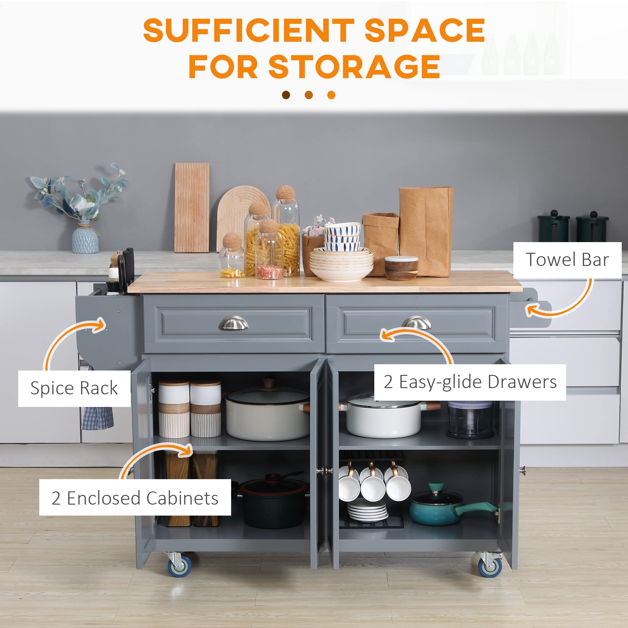 HOMCOM Rolling Kitchen Island Cart with Drop Leaf - Mobile Kitchen Cart with Rubber Wood Top, 2 Drawers & 2 Storage Cabinets - Versatile Island Table for Small Kitchen, Dining Room & Apartment - Space-Saving Dark Gray Kitchen Organizer for Cooking, Baking & Entertaining