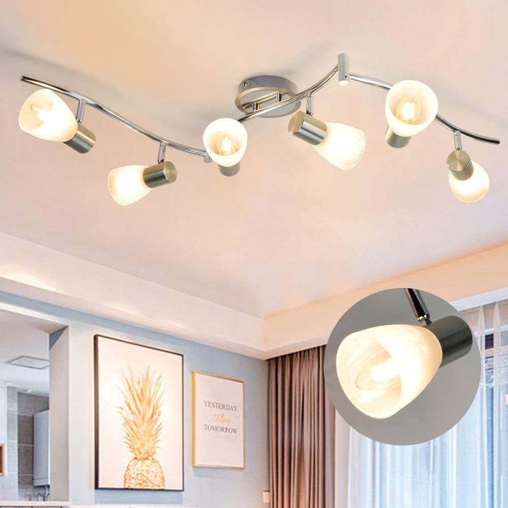 DLLT 6-Light Flexible Track Lighting Rail System - Modern Adjustable LED Spot Ceiling Fixture with Glass Shade - Brushed Steel Finish - Perfect for Living Room, Dining Room, Bedroom & Kitchen Lighting