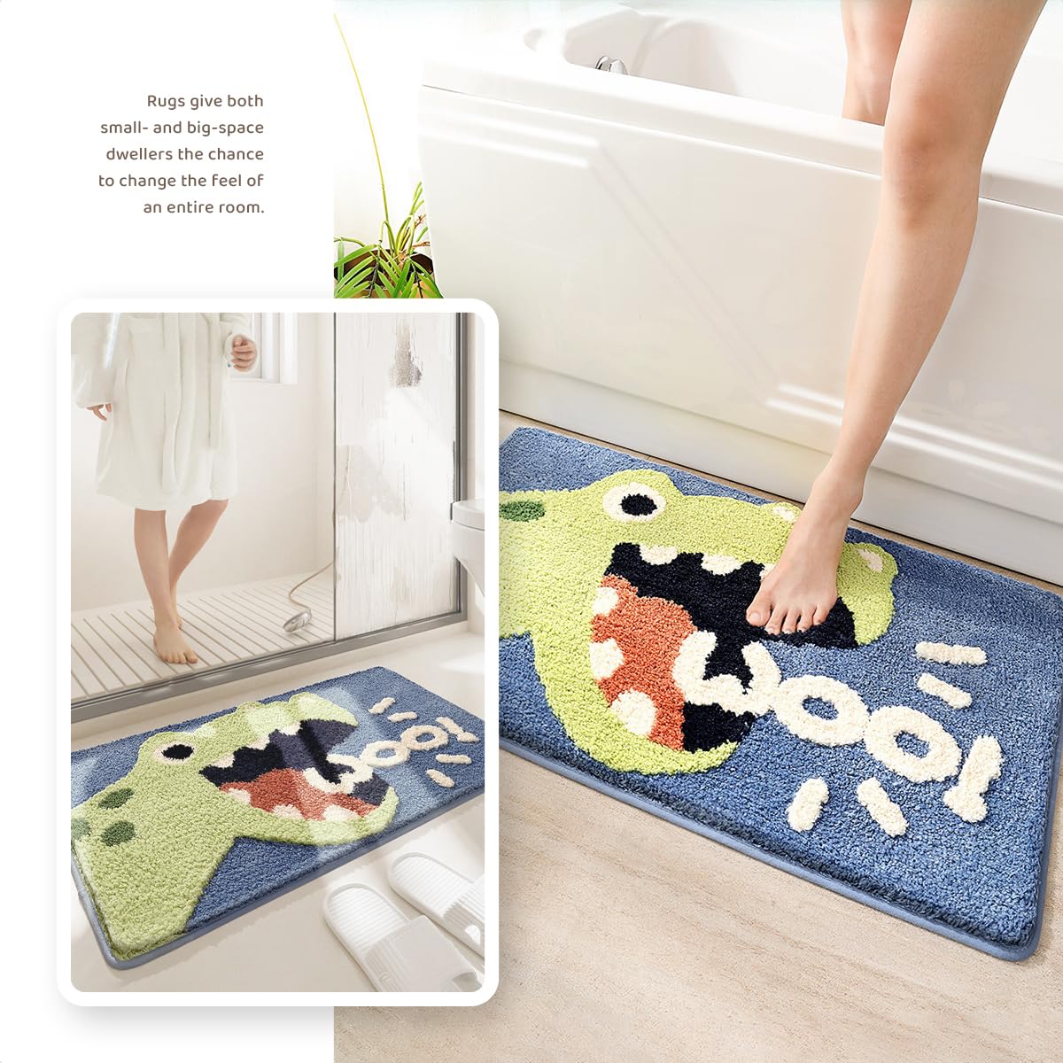 Dinosaur Bath Mat - Super Absorbent Microfiber Shaggy Bathroom Rug, Non-Slip Soft Shower Mat, Machine Washable (16x24 Inches) for Kids' Bathroom & Nursery Decor