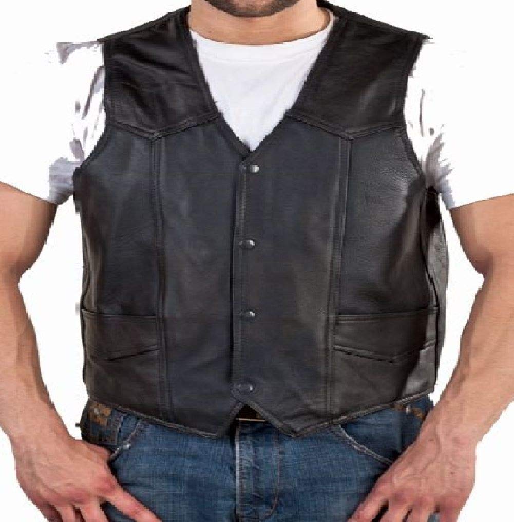 REED Men's Soft Durable Leather Vest Black - Genuine Leather Biker Vest with 2 Inside Pockets for Motorcycle Riding & Outdoor Activities
