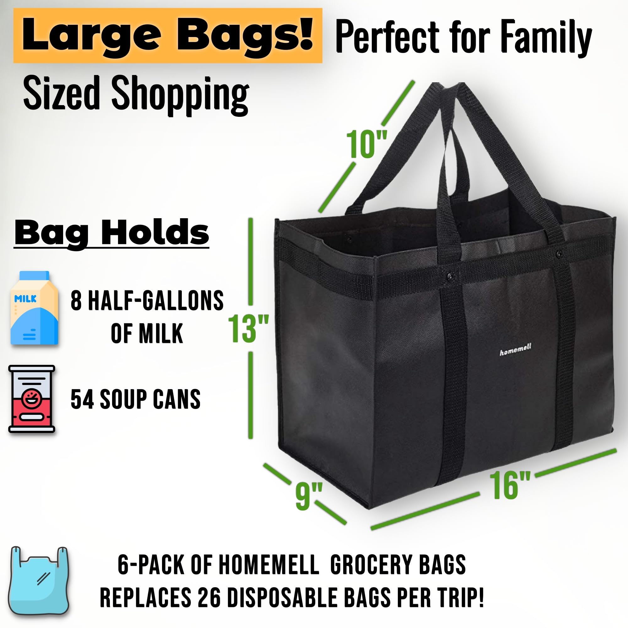 Homemell Heavy Duty Reusable Grocery Bags - Large Collapsible Tote Bags Holds 100 lbs - Extra-Strength Premium Material (Black, 4-Pack) - Perfect for Shopping, Travel & Storage
