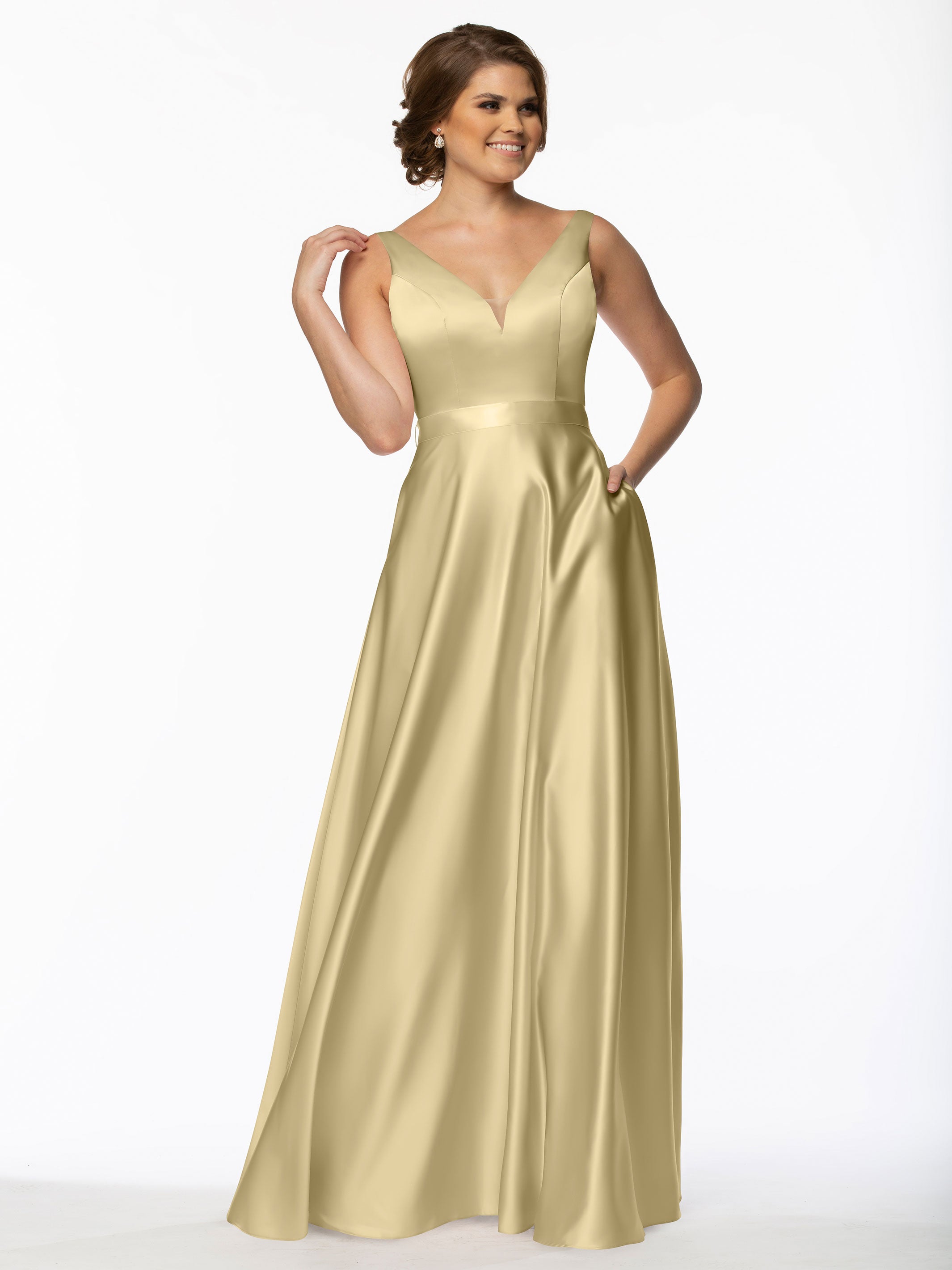 Elegant 80118 Satin A-Line Bridesmaid Dress with V-Neckline & Waist Sash - Perfect for Weddings, Formal Events & Special Occasions