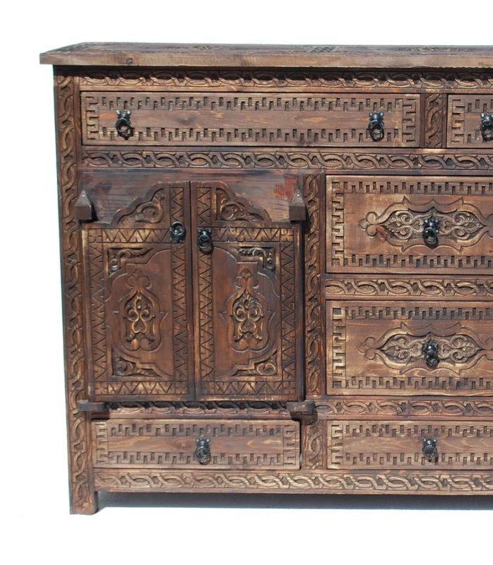 Hand Carved Brown Sideboard Buffet Table with Four Doors - Rustic Farmhouse Dining Room Storage for Dishes, Linens & Entertaining Essentials