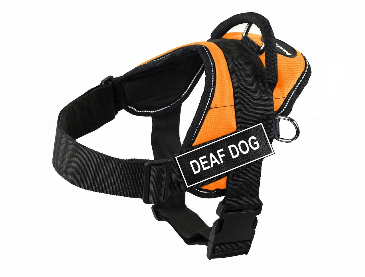 Dean & Tyler Fun Deaf Dog Large Orange Harness with Reflective Trim - Secure & Comfortable No-Pull Vest for Hearing Impaired Pets - Perfect for Walking, Training & Outdoor Adventures