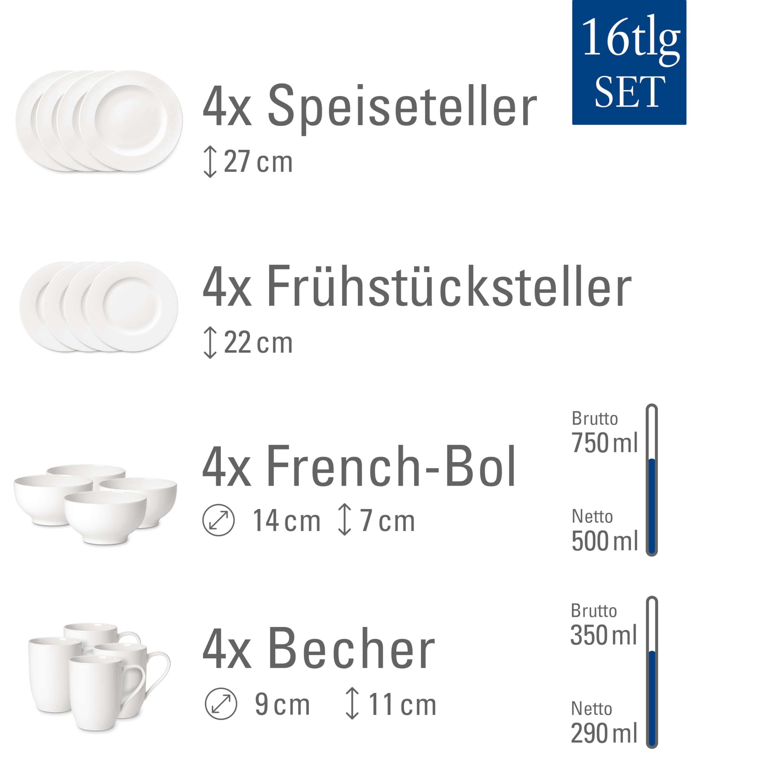 Villeroy & Boch For Me 16-Piece Dinnerware Set for 4 - Premium German Porcelain Plates, Bowls & Mugs - Elegant Tableware for Family Dinners, Dinner Parties & Daily Use