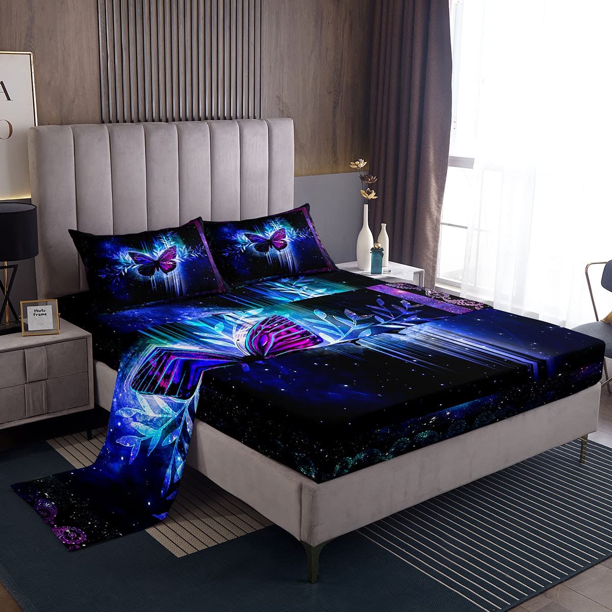 **Purple Butterfly Twin Bed Sheet Set - Shinning Leaves Design for Kids & Teens Room Decor | Starry Sky Galaxy Black Soft 3-Piece Bedding Set (Fitted Sheet, Flat Sheet, Pillowcase) | Perfect for Cozy Sleepovers & Themed Bedrooms**