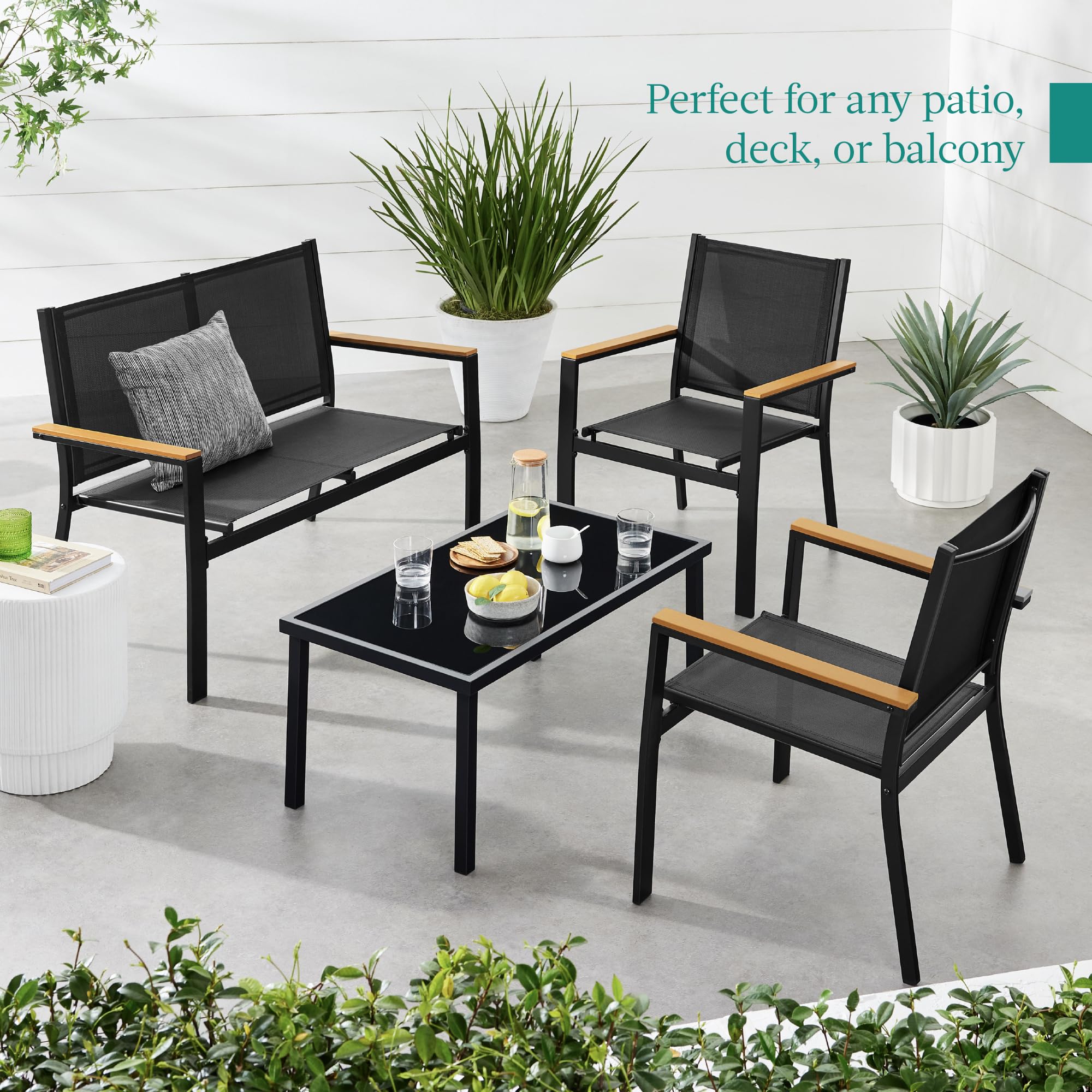Best Choice Products 4-Piece Outdoor Textilene Patio Conversation Set with Loveseat & Coffee Table - Durable Steel Frame in Black - Perfect for Backyard, Garden, and Poolside Relaxation