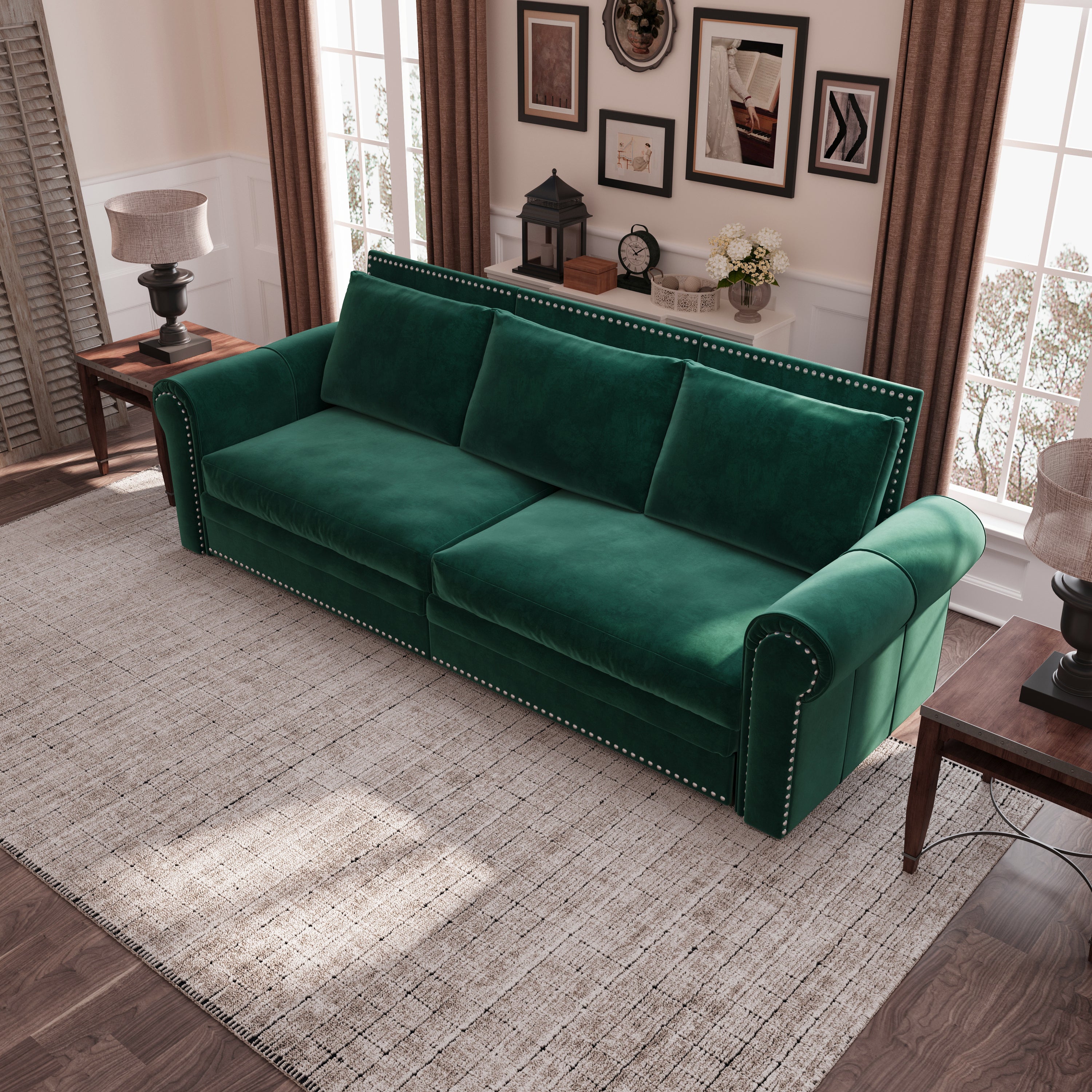 93.7'' King Size Chesterfield Pull Out Sofa Bed - 3-in-1 Velvet Convertible Sleeper Sofa with Nailhead Trim & Rolled Arms - Multi-Functional Sectional for Living Room, Bedroom, Apartment & Office - Emerald Green Sofa Bed for Small Spaces & Guest Rooms