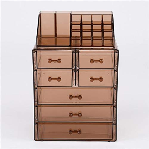 2-Piece Plastic Cosmetic Storage Organizer with 7 Large Drawers - Brown | Makeup Vanity & Bathroom Organization Solution for Lipsticks, Brushes & Beauty Products