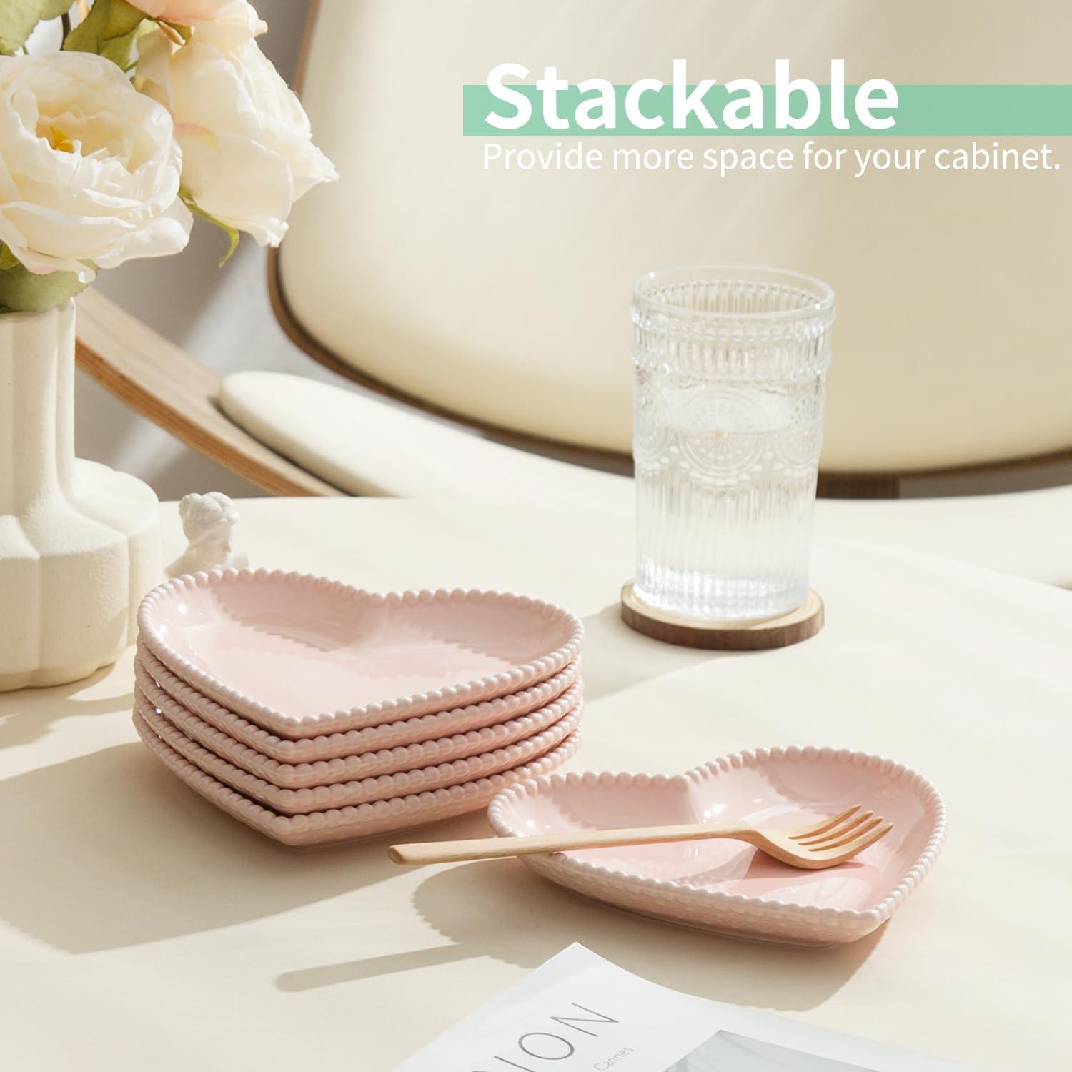 OMAYKEY 10-Pack 6.3 Inch Heart-Shaped Ceramic Plates - Microwave, Oven & Dishwasher Safe Dessert, Salad & Appetizer Plates for Cake, Snack, Ice Cream - Elegant Pink Porcelain Dinnerware Set for Parties, Romantic Dinners & Home Decor