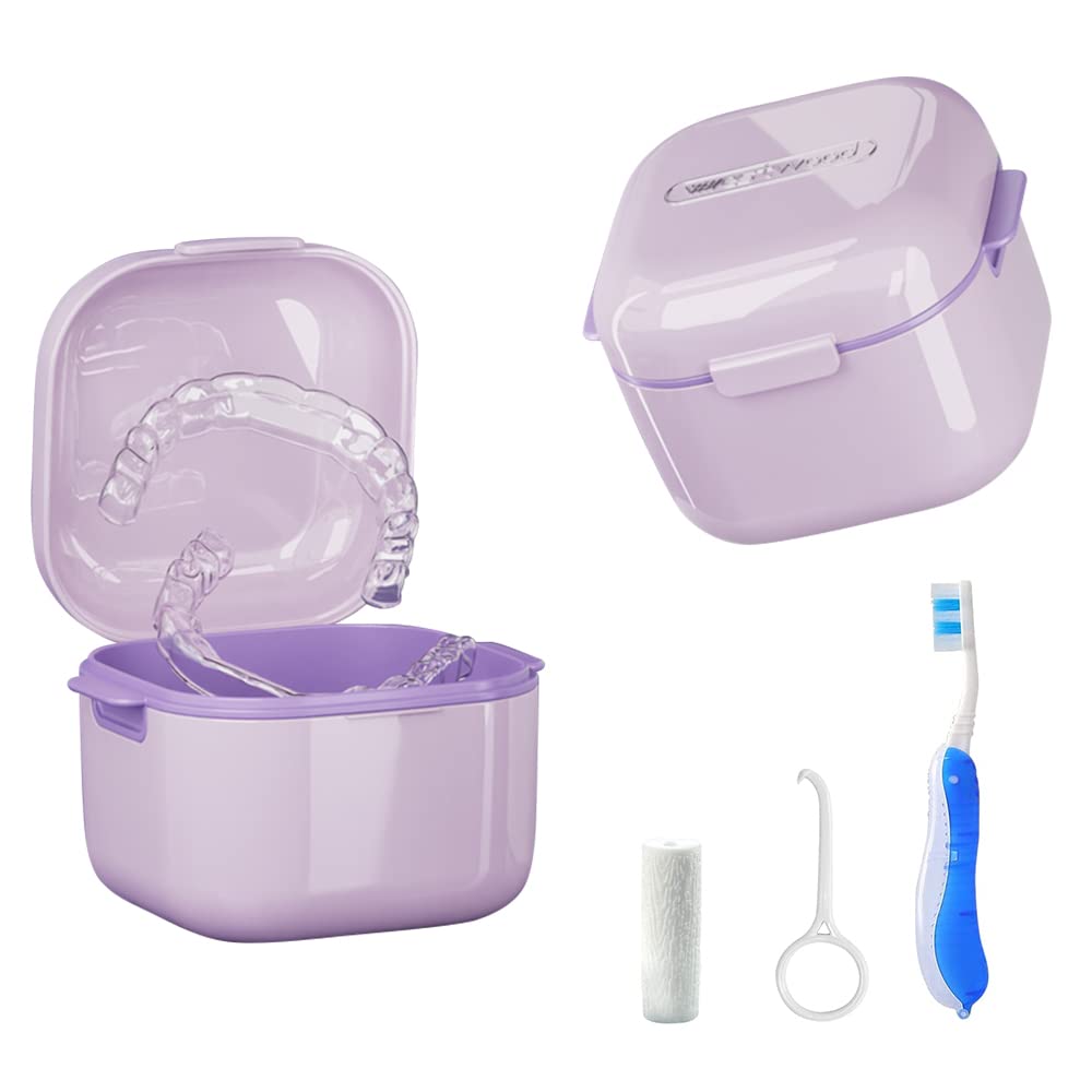 **Portable Denture Case with Strainer Basket - Denture Cup Bath for Braces, False Teeth Storage & Cleaning - Includes Chewable Tablets & Extractor (Purple) - Perfect for Travel & Daily Denture Care**
