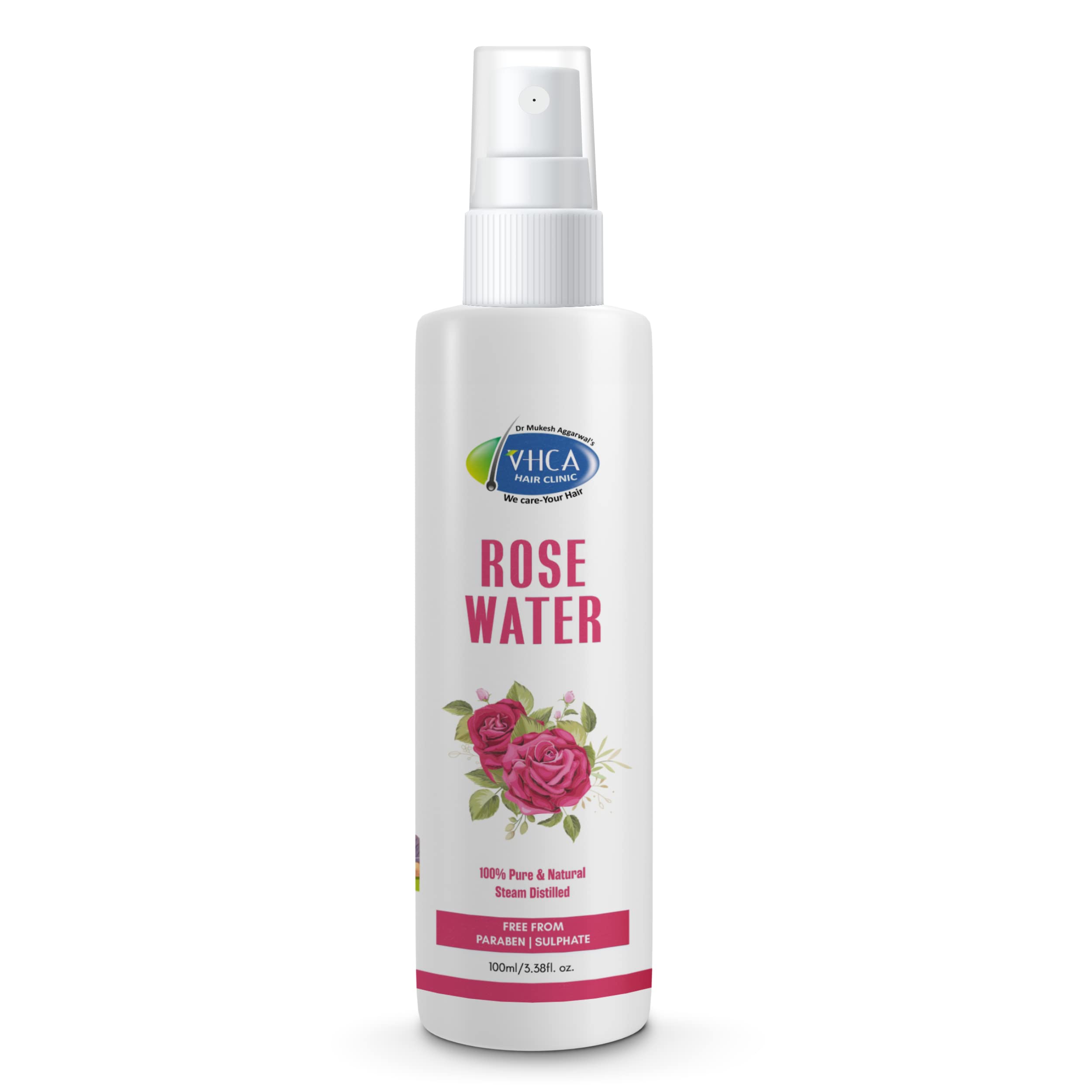 VHCA Pure Steam Distilled Rose Water Facial Spray - 100ml | Organic Rose Toner & Hydrating Mist for Face | Gulab Jal for Men & Women | Perfect for Skincare Routine, Makeup Setting & Summer Refreshment