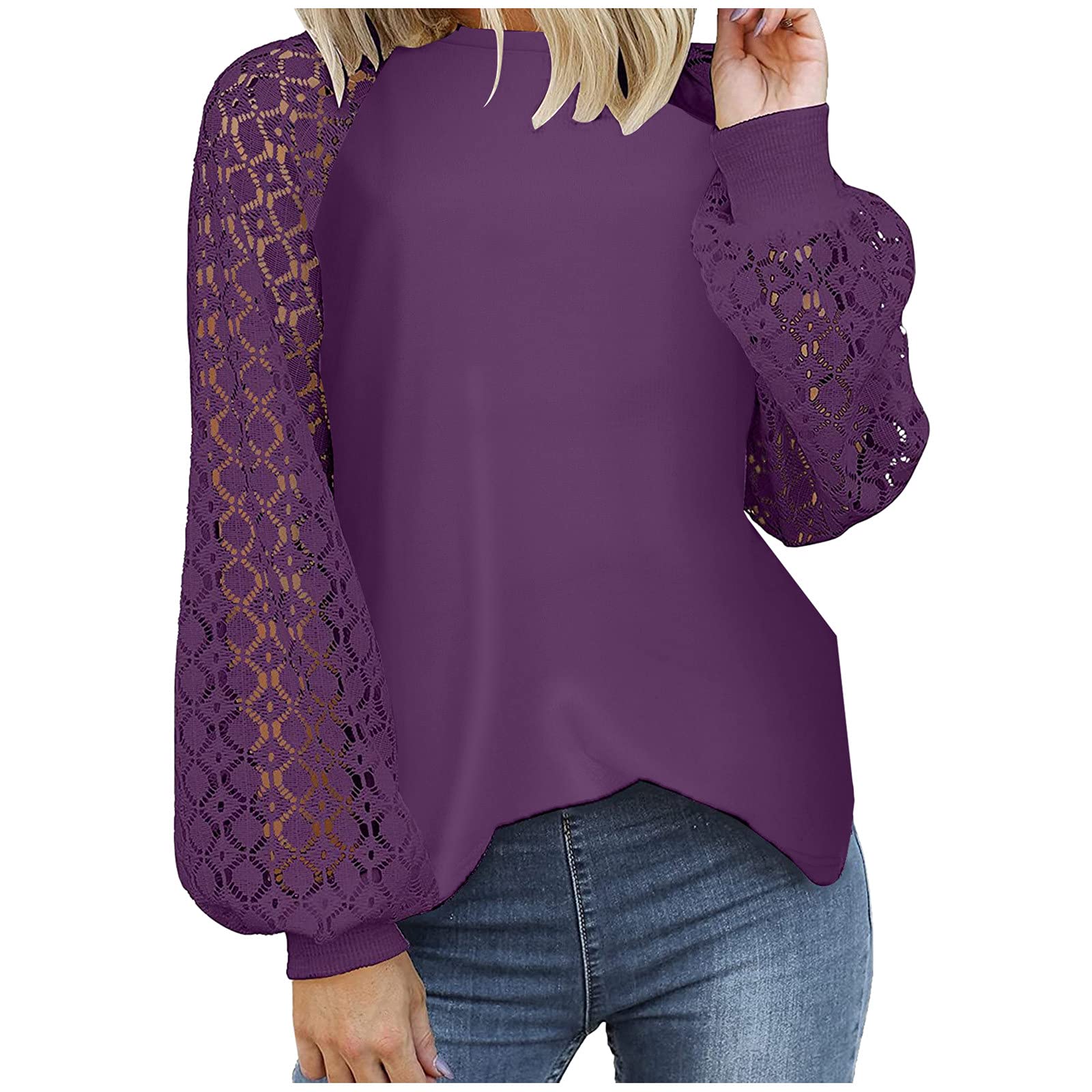 Women's Long Sleeve V-Neck Lace Blouse - Casual Fall Tunic Top with Raglan Sleeves & Balloon Sleeve Design - Perfect for Office Wear, Date Nights, and Autumn Layering