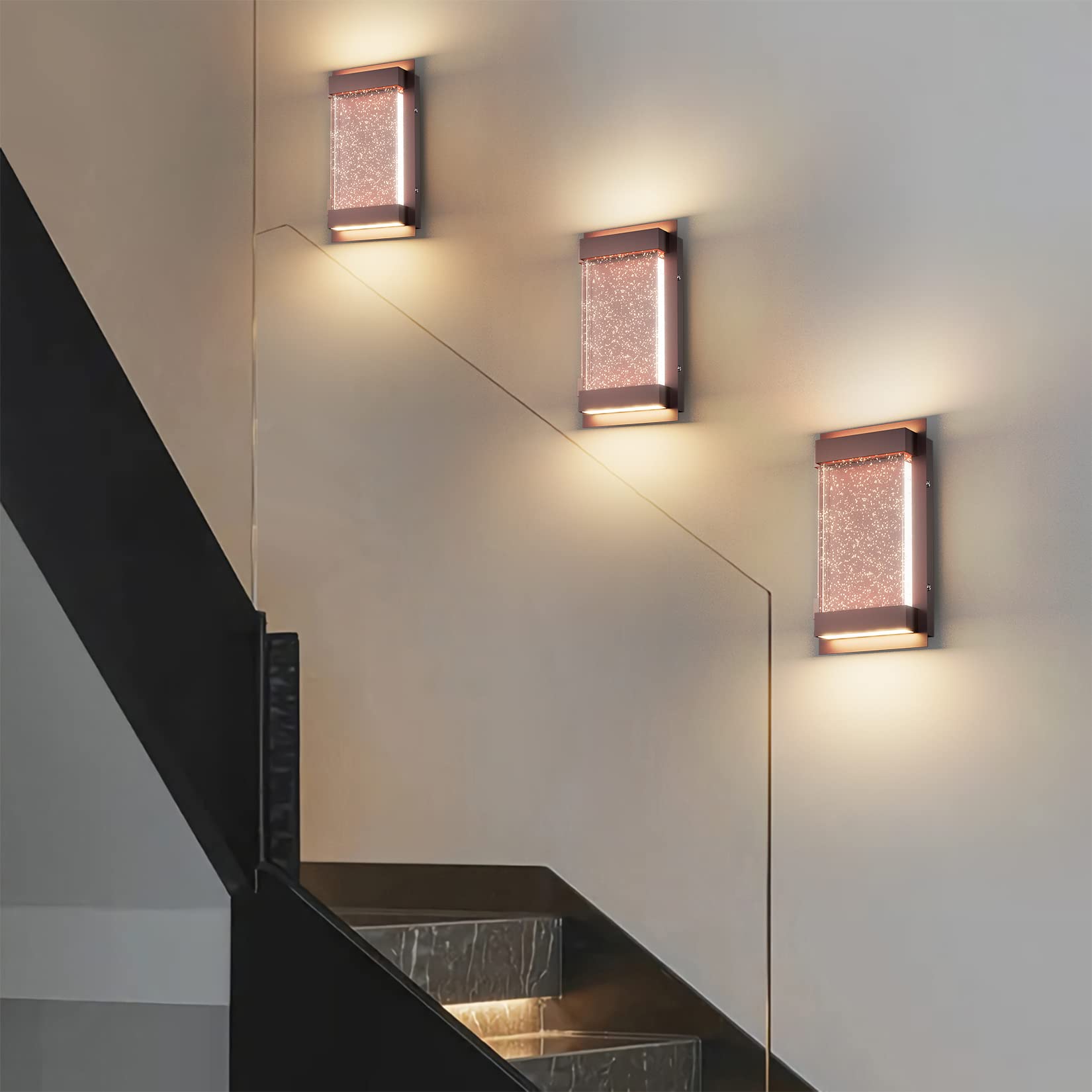 Modern Bronze Wall Sconce with Crystal Bubble Glass - 3000K Warm White LED Porch Light for Indoor/Outdoor Use - Durable Wall Mount Light Fixture for Patio, Entryway, Hallway & Bedroom Lighting