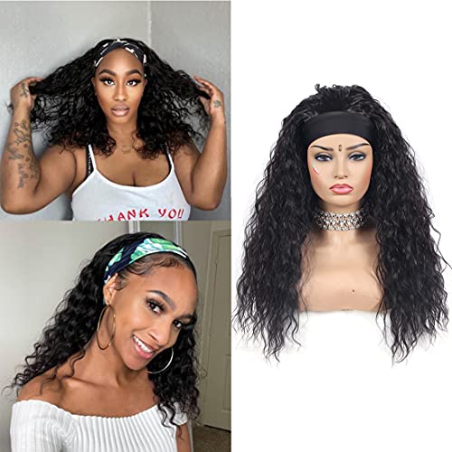 22 Inch Long Black Curly Headband Wig for Black Women - Heat Resistant Synthetic Wavy Headband Wig for Daily Wear & Special Occasions (Black)