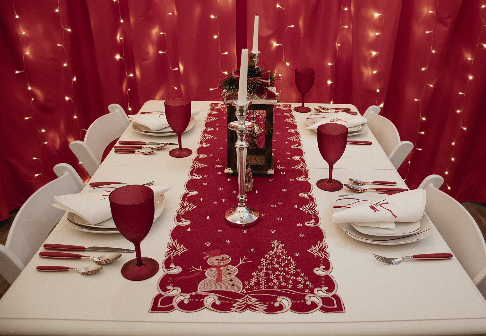 Elegant Silver Star Topped Trees & Snowman Red Table Runner - 15x51 Inch Holiday Decor for Dining Table, Coffee Table, Dresser, or Buffet - Perfect for Christmas, Winter Decorations & Festive Home Styling