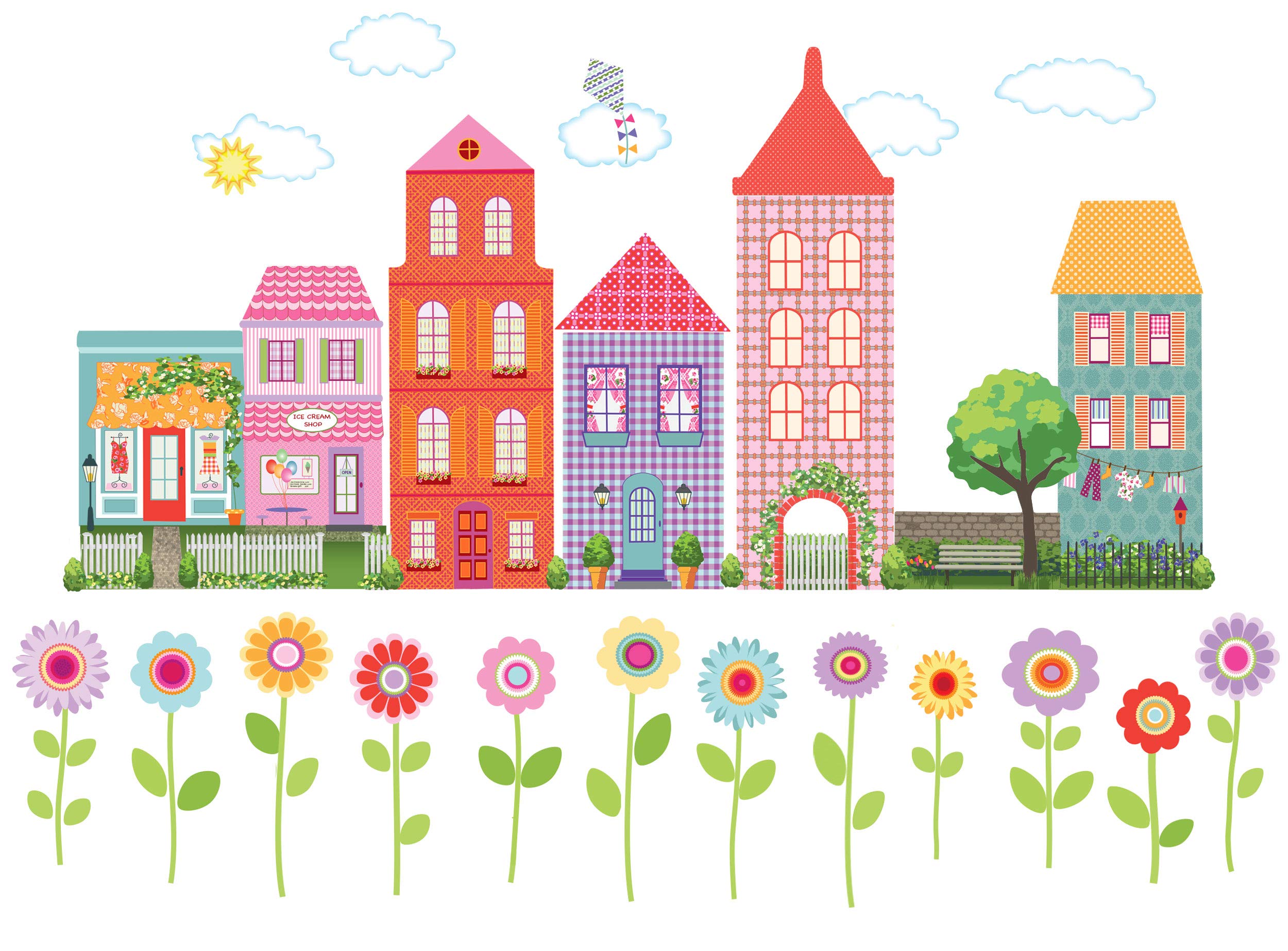 Girl's Dollhouse Town Wall Decals with Flower Border - Eco-Friendly Removable Wall Stickers for Kids Room, Nursery & Playroom Decor - Cityscape & Floral Wall Art for Girls Bedroom