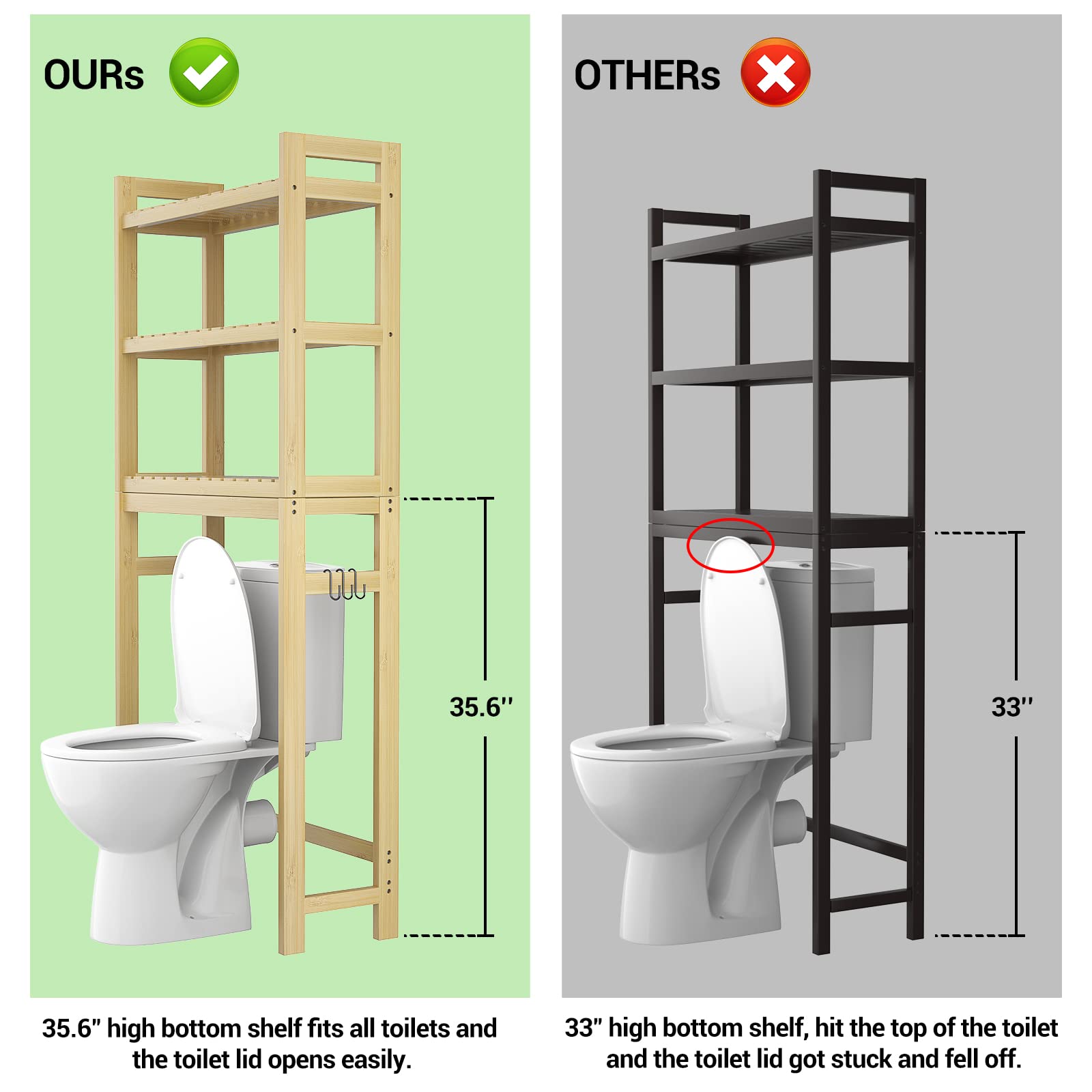 Homykic 3-Tier Over The Toilet Storage Shelf - Bamboo Bathroom Organizer with 3 Hooks, Freestanding Space-Saving Rack for Small Bathrooms, Laundry Rooms & Restrooms - Easy Assembly, Natural Finish - Perfect for Organizing Towels, Toiletries & Cleaning Supplies