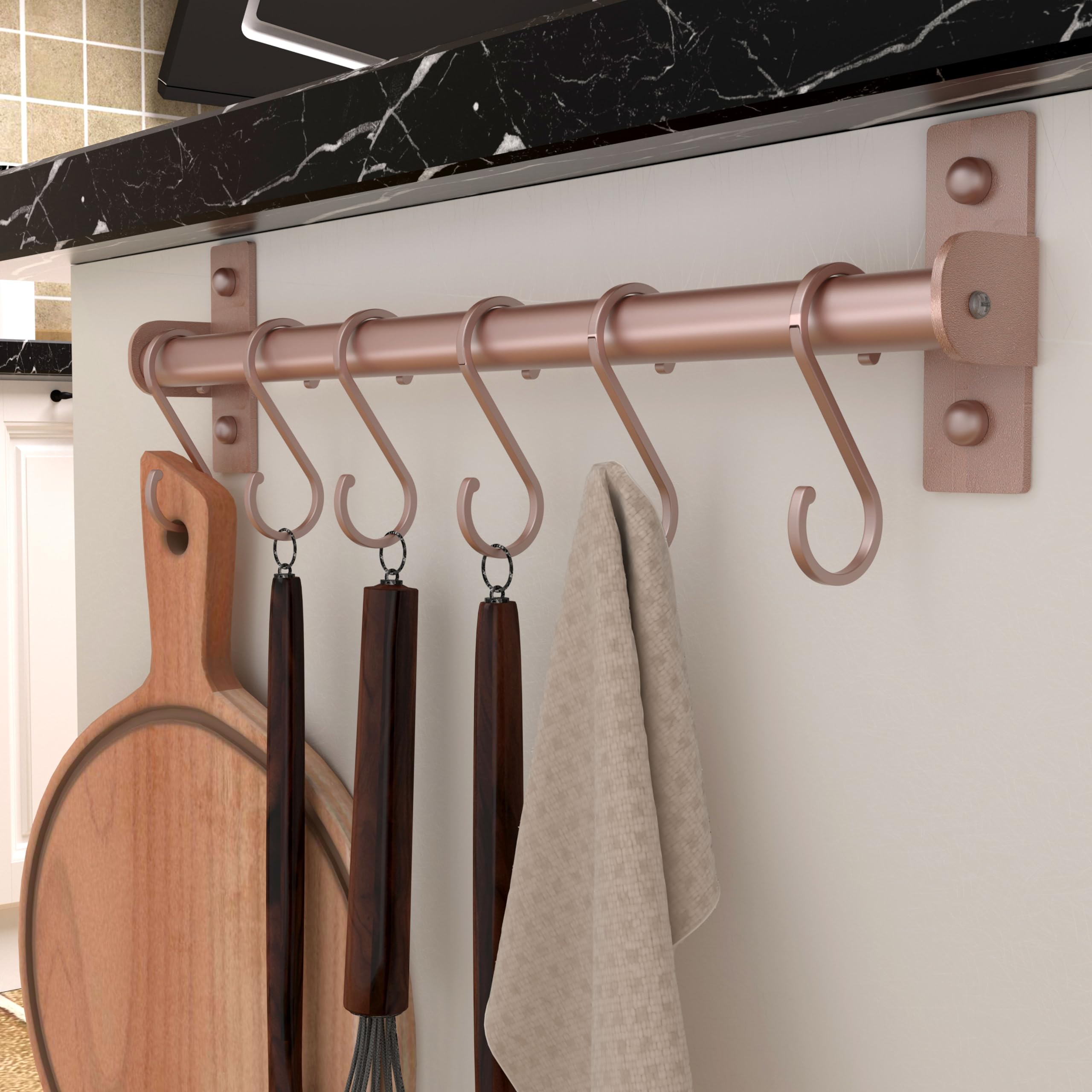 Dseap Wall Mounted Kitchen Utensil Holder - Rose Gold Pot and Pan Rack with 8 Hooks for Hanging Cooking Utensils, Mugs, Spoons - Perfect for Small Kitchens and Organized Cooking Spaces
