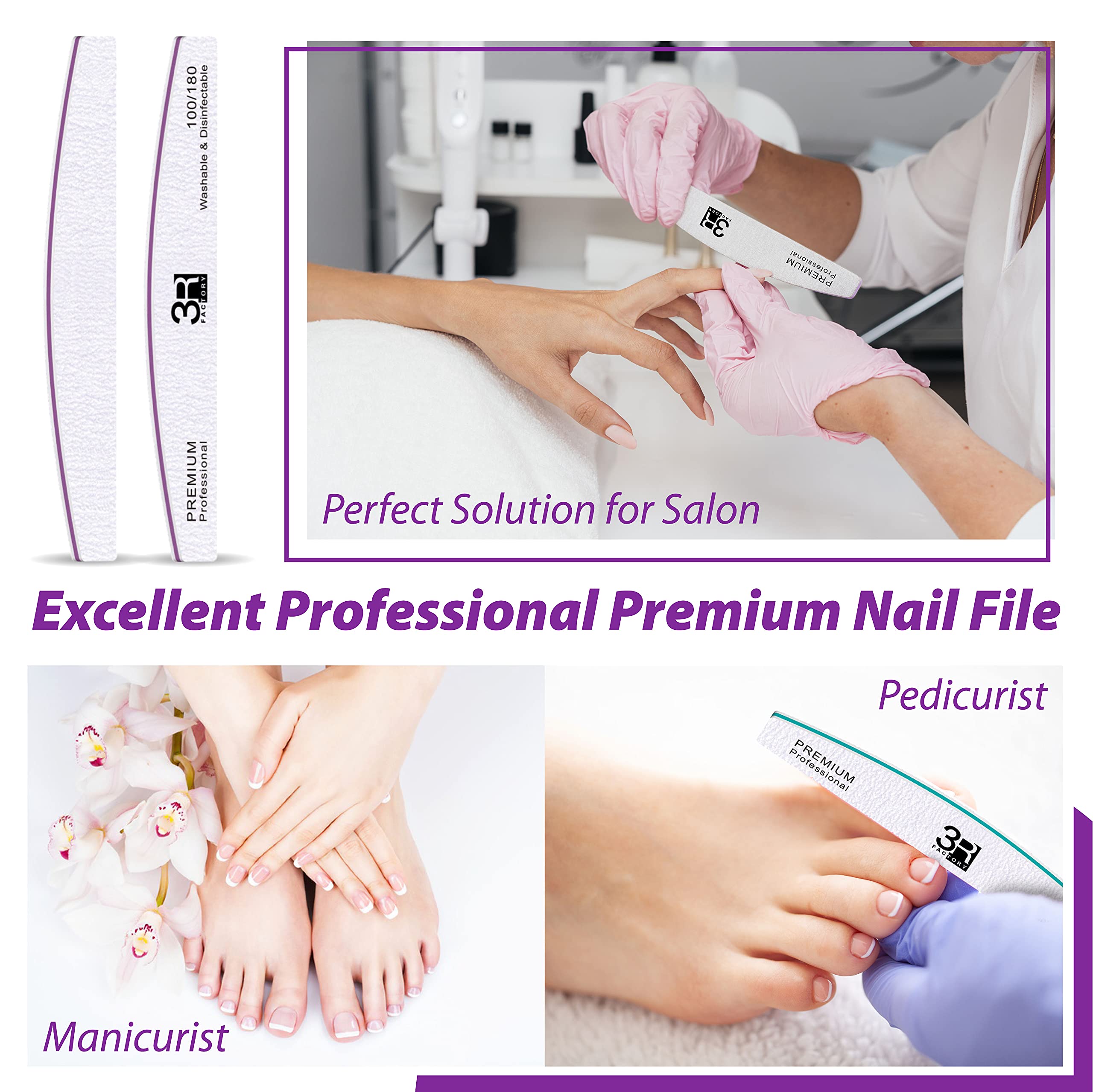 Professional 100/180 Grit Acrylic Nail File Kit - 10 Pack Washable Emery Boards & Nail Tools for Manicure, Pedicure & Nail Art | Perfect for Salon, Home Use & DIY Nail Care