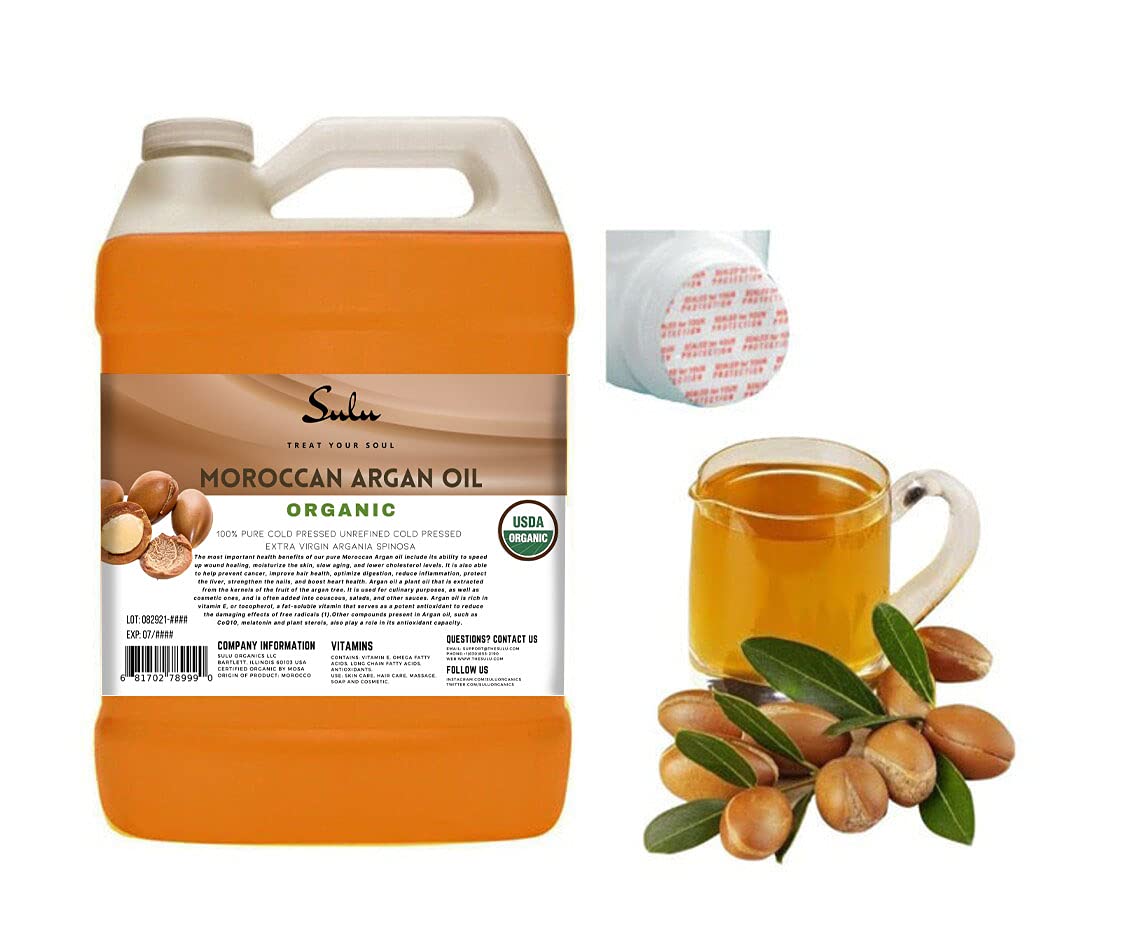 Pure Organic Cold Pressed Unrefined Extra Virgin Moroccan Argan Oil by Sulu Organics - 1 Gallon for Hair, Skin & Beard Care - Natural Moisturizer & Styling Treatment