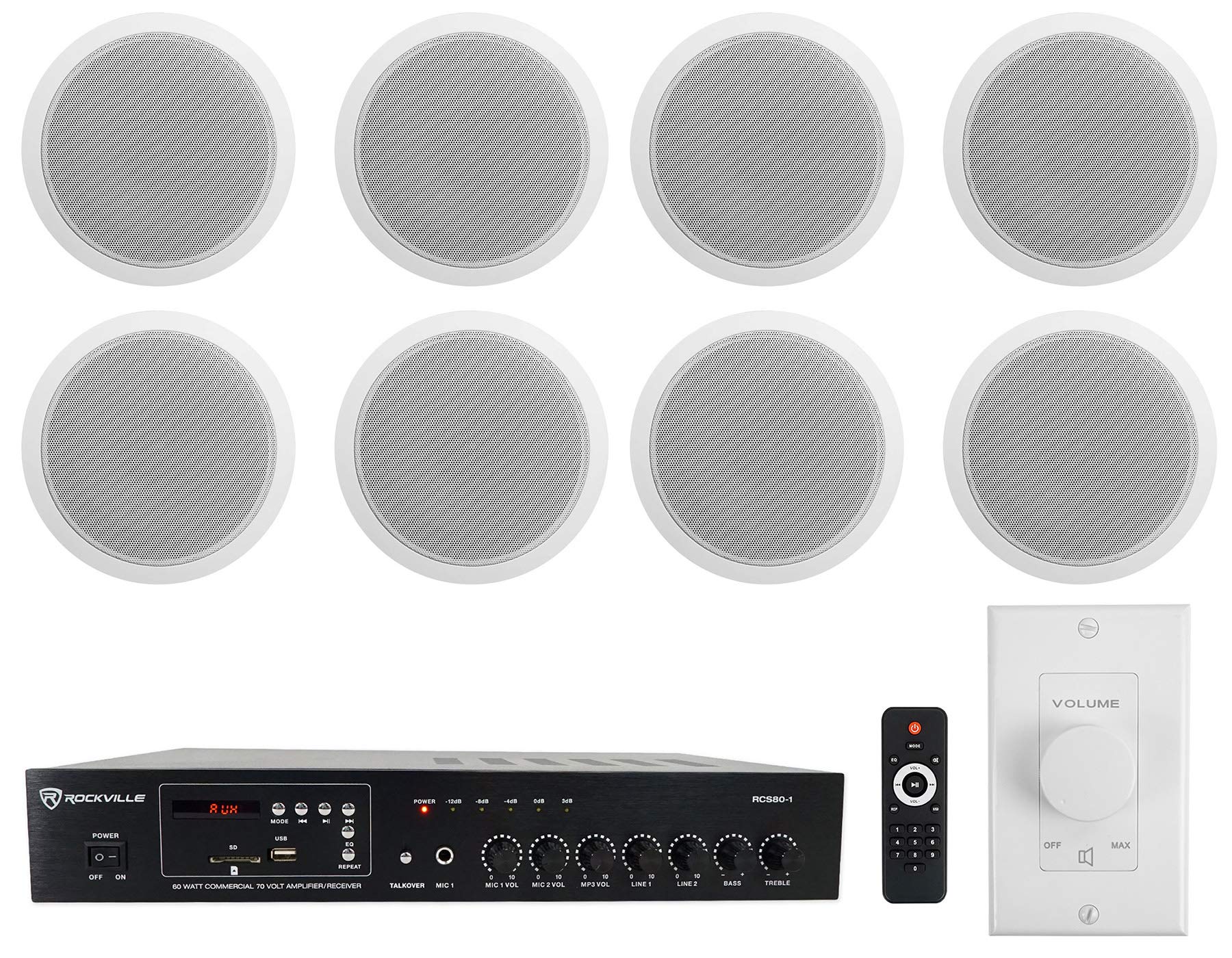 Rockville Commercial Restaurant Amplifier with 8 White 6-Inch Ceiling Speakers & Wall Control - Perfect for Restaurants, Bars, and Event Venues