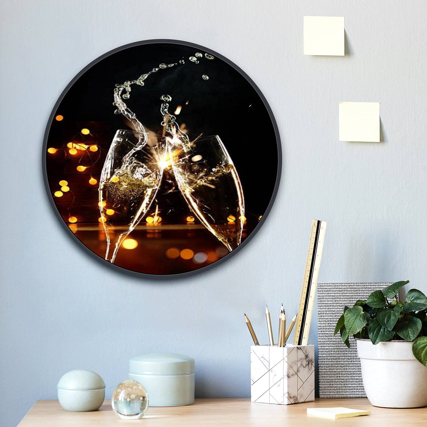 Champagne Glasses Wall Art - Round Framed Canvas Painting with Black Frame (24 Inch Diameter) - Ready to Hang Home Decor for Living Room, Bedroom, Dining Room | Perfect for Wedding Gifts, Housewarming & Party Decorations