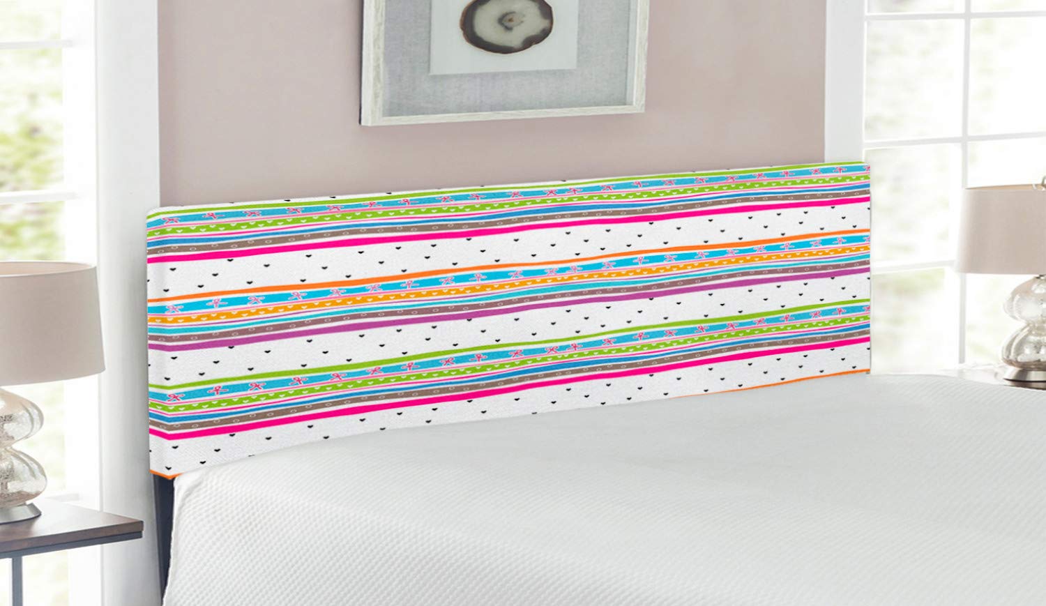 Ambesonne Queen Size Upholstered Headboard with Memory Foam - Abstract Wavy Stripes, Polkadots, Ribbons, Bows & Hearts Girly Pattern - Decorative Metal Bed Headboard for Girls Room, Teen Bedroom & Dorm Decor (Multicolor)