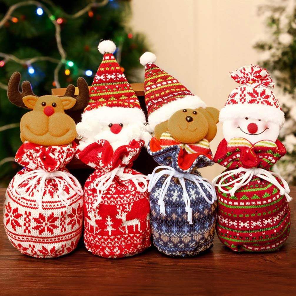 NUOBESTY 4PC Knitted Christmas Gift Bags for Kids Party Favors - Little Bear Snowman Elk Santa Claus - Xmas Candy Cookie Pouch