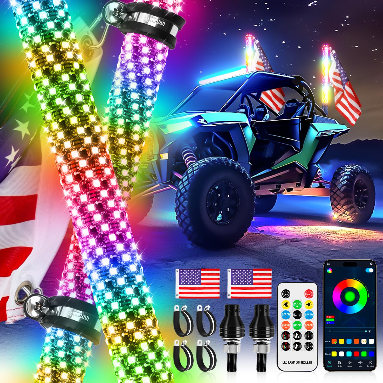 2Pcs 2FT Fat Spiral RGB LED Whip Lights for UTV ATV Truck with Wireless Remote & APP Control - RGB Chasing Lighted Antenna Whips for Polaris RZR, Can-Am, Dune Buggy - Perfect for Night Off-Roading, Camping & Outdoor Adventures