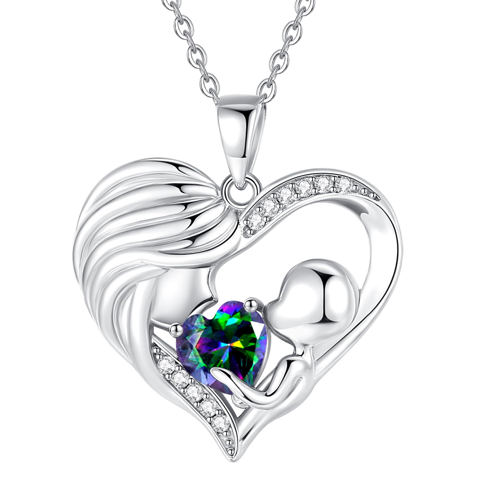 FANCIME Birthstone Necklace for Mom - Mother & Child Heart Pendant Jewelry, I Love You Mom Gift, 16
