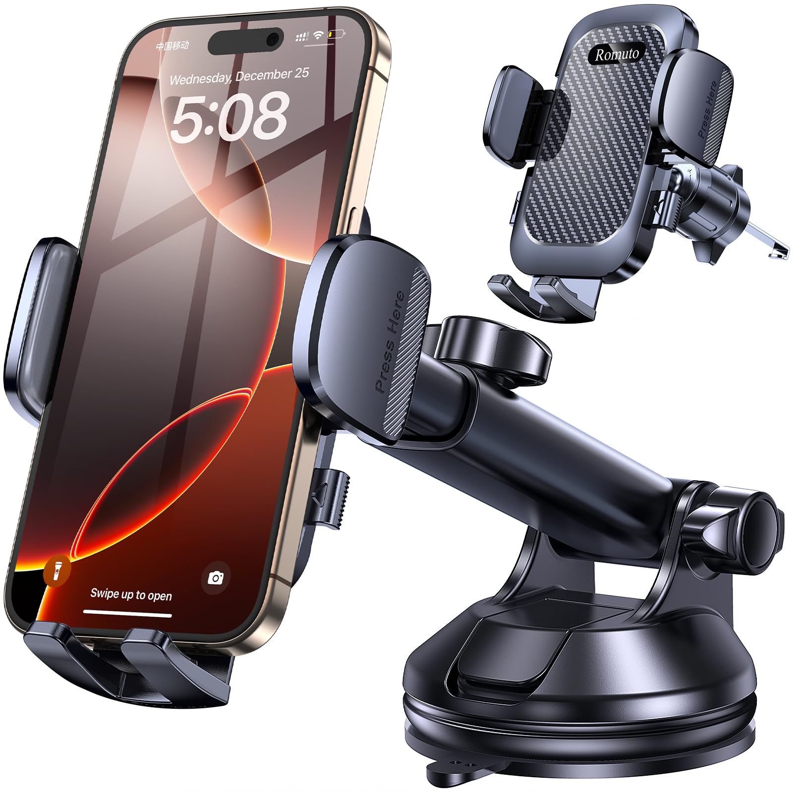 Upgraded Strongest Suction Car Phone Holder - 360° Adjustable Dashboard & Windshield Mount for iPhone, Samsung, All Smartphones - Perfect for Trucks, Commuting & Road Trips
