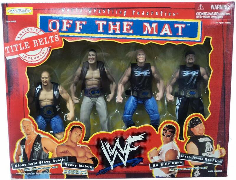 1998 WWF Jakks Pacific Off the Mat Box Set - Stone Cold Steve Austin, Rocky Maivia, B.A. Billy Gunn & Jesse James Road Dog Action Figures [Exclusive Collectible] - Perfect for Wrestling Fans, Display & Nostalgic Gift Giving
