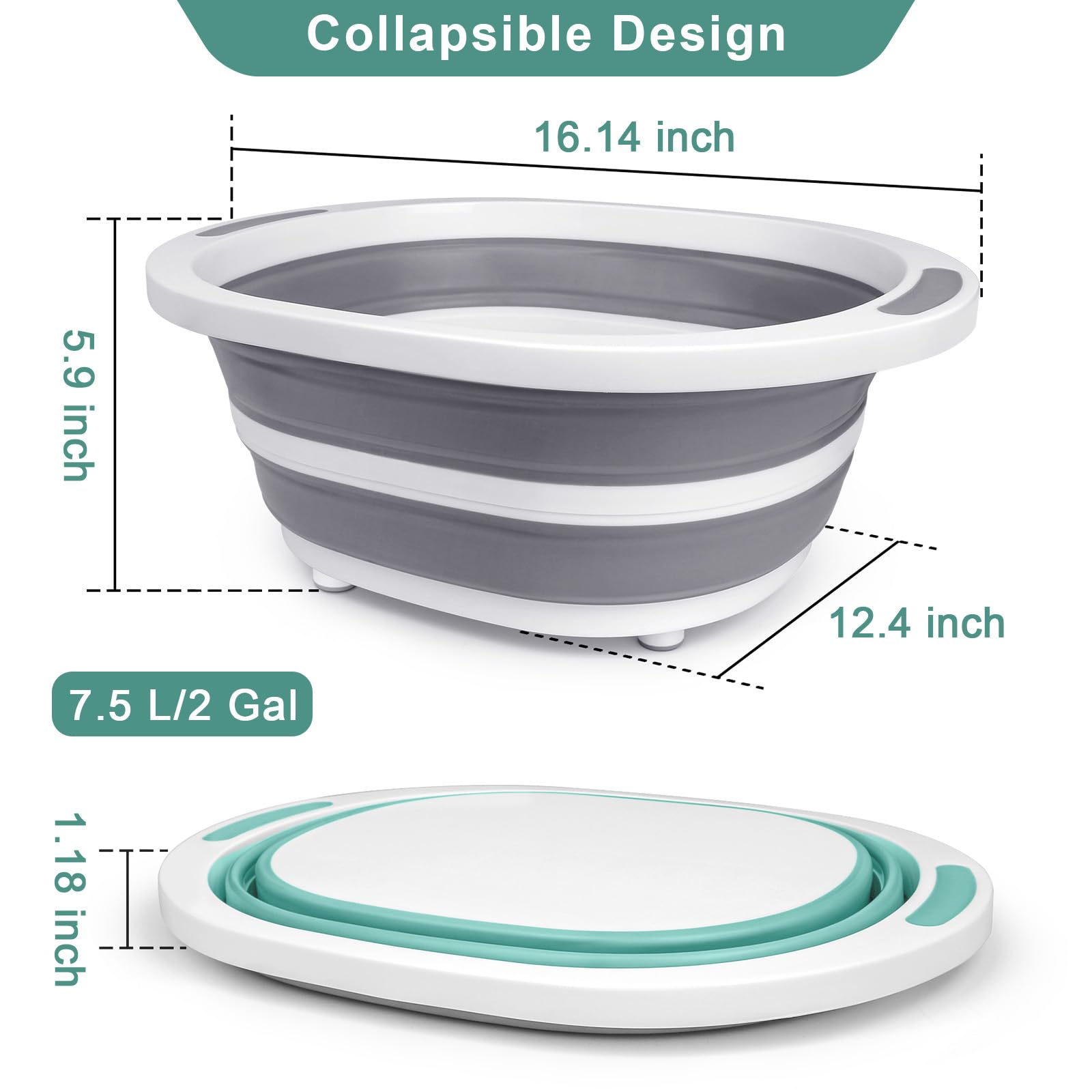 Collapsible Wash Basin 2 Pack - 7.5L Foldable Dish Tub & Cutting Board Combo for Kitchen Sink, Camping, RV - Green & Gray Dishpan for Washing, Food Prep, and Outdoor Use