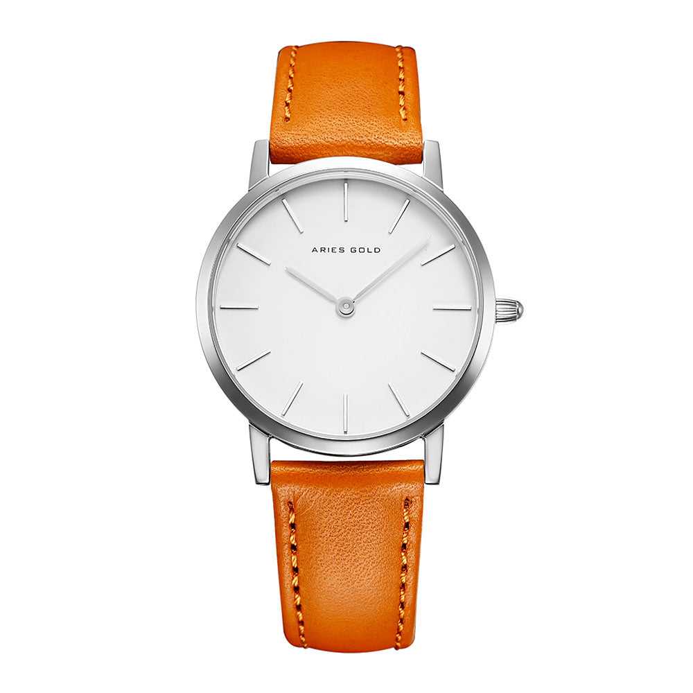 ARIES GOLD Urban Santos Silver Stainless Steel Women's Watch with Brown Leather Strap - Fashionable Timepiece for Work, Casual Wear & Special Occasions