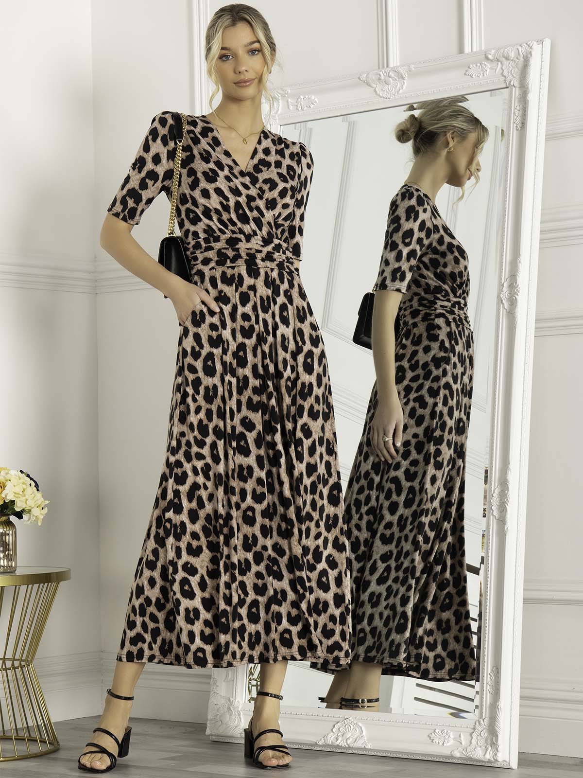 Beatrice Jersey Wrap Maxi Dress - Leopard Print Flowy Long Dress for Women | Perfect for Beach Vacation, Date Night & Summer Outfits