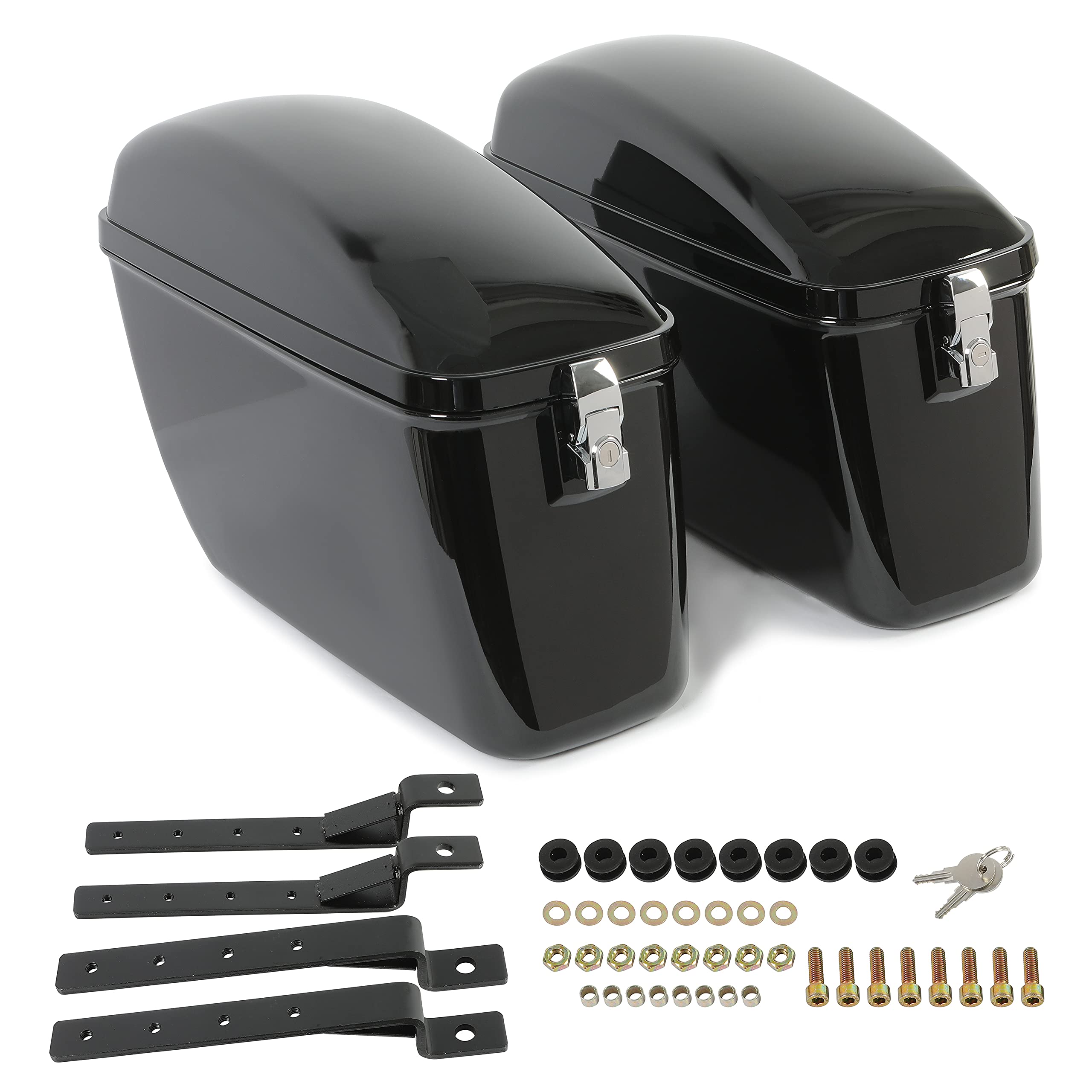 Vivid Black Large Hard Saddlebag Trunk with Mounting Brackets for Harley-Davidson Dyna, Honda, Suzuki, Kawasaki & Yamaha Cruiser Motorcycles - Perfect for Long Rides & Road Trips