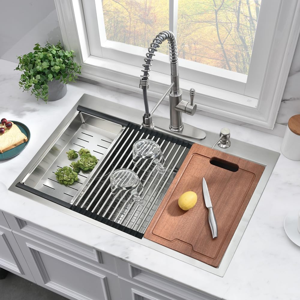 33x22 Inch Drop-In Stainless Steel Kitchen Sink - 16 Gauge Single Bowl Top Mount Sink with Cutting Board | Durable Workstation for Food Prep & Dishwashing | Perfect for Modern Kitchens & Restaurant Use