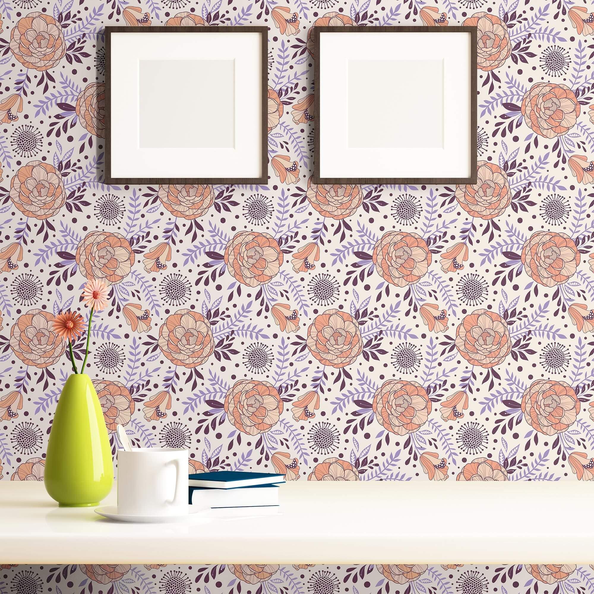 Orange and Purple Botanical Floral Peel and Stick Removable Wallpaper 6586 - Self-Adhesive Wall Decor for Bedroom, Living Room, Nursery & Office