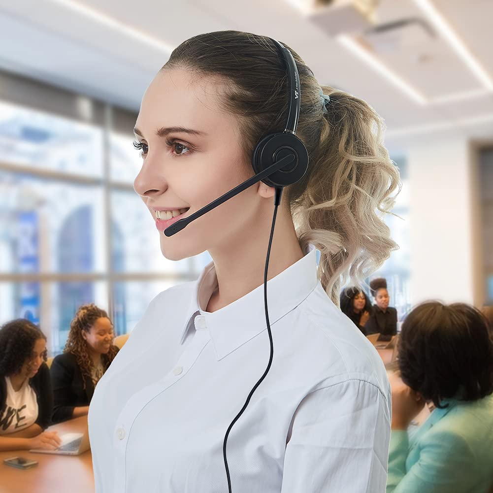 QD Mono Headset with 3.5mm Jack & USB-C Adapter - Compatible with PC, Cellphone, Tablet, Panasonic, Cisco, AT&T, Polycom, Grandstream IP Phones - Mute & Volume Control - Perfect for Office Calls, Remote Work, and Customer Service