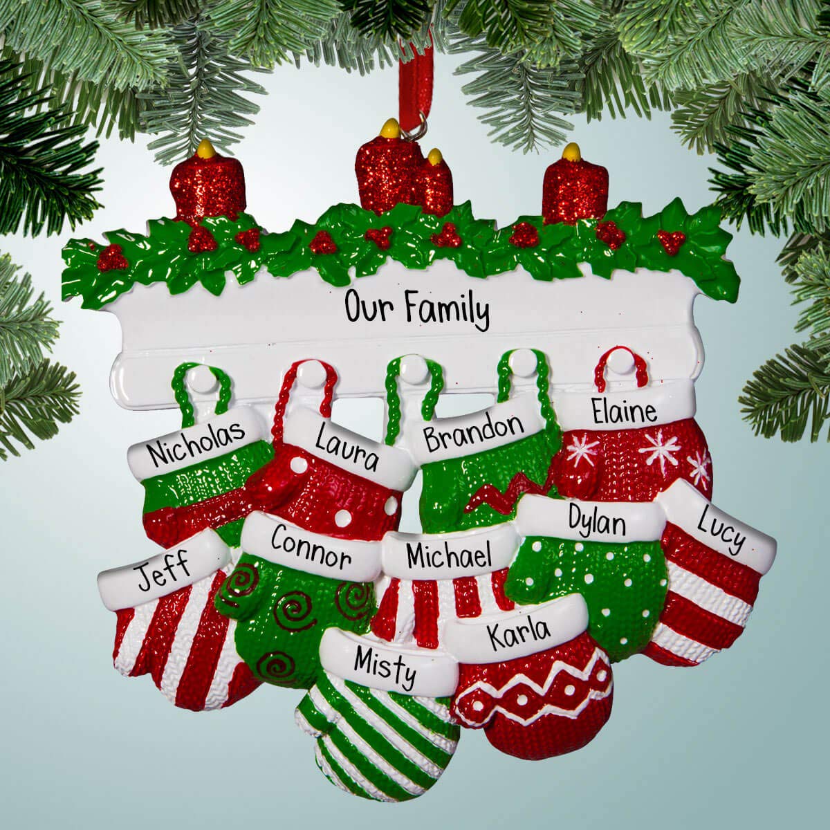 Personalized Christmas Mittens on Hooks - Family of 11 Ornament Set - Fireplace Mantel Decor with Garland & Candles - Perfect for Large Families (Pets Option Available) - Free Customization - Holiday Home Decoration for Mantels, Christmas Trees & Gift Giving