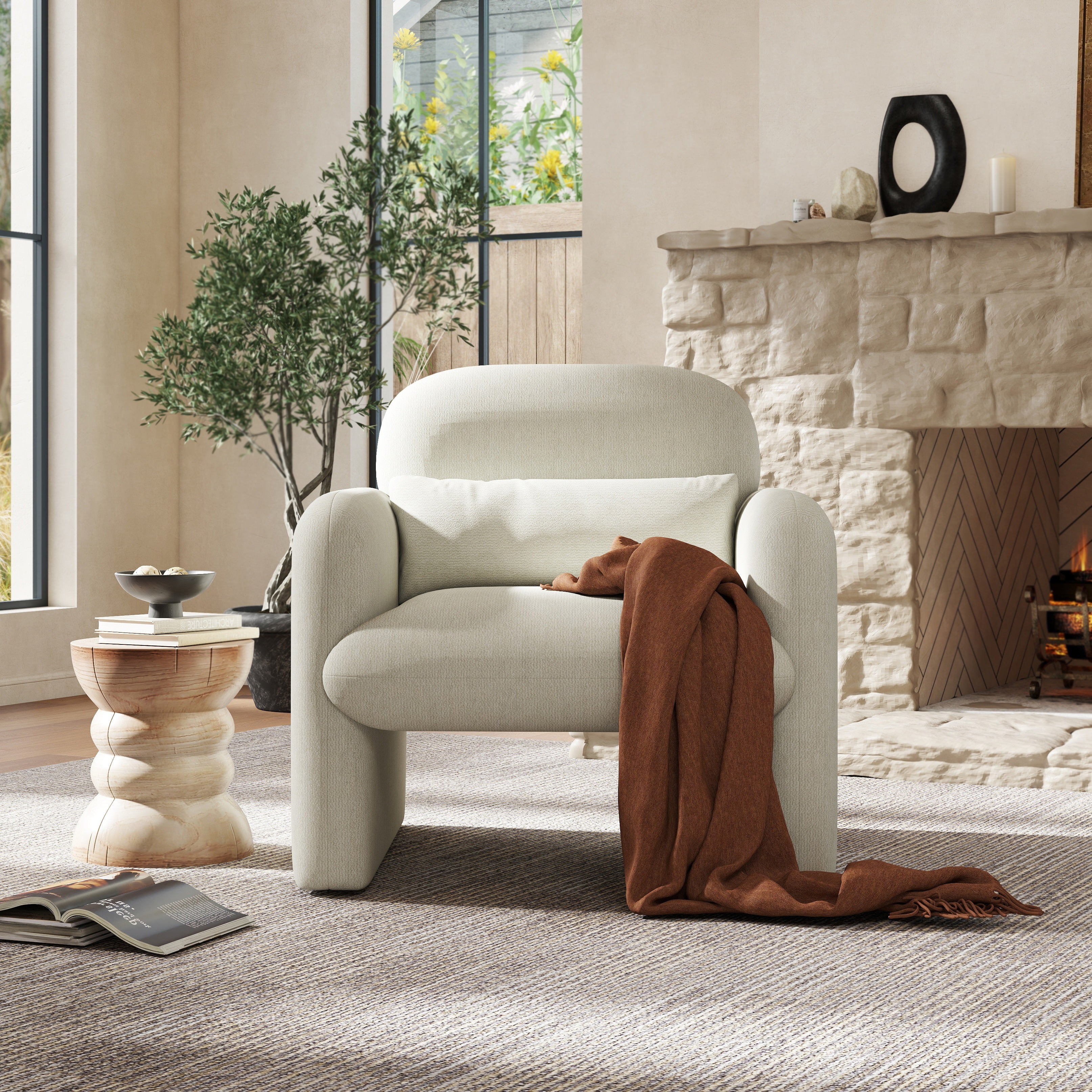 Roundhill Furniture Dylan Modern Upholstered Barrel Armchair in Cream White - Stylish Accent Chair for Living Room, Bedroom or Office