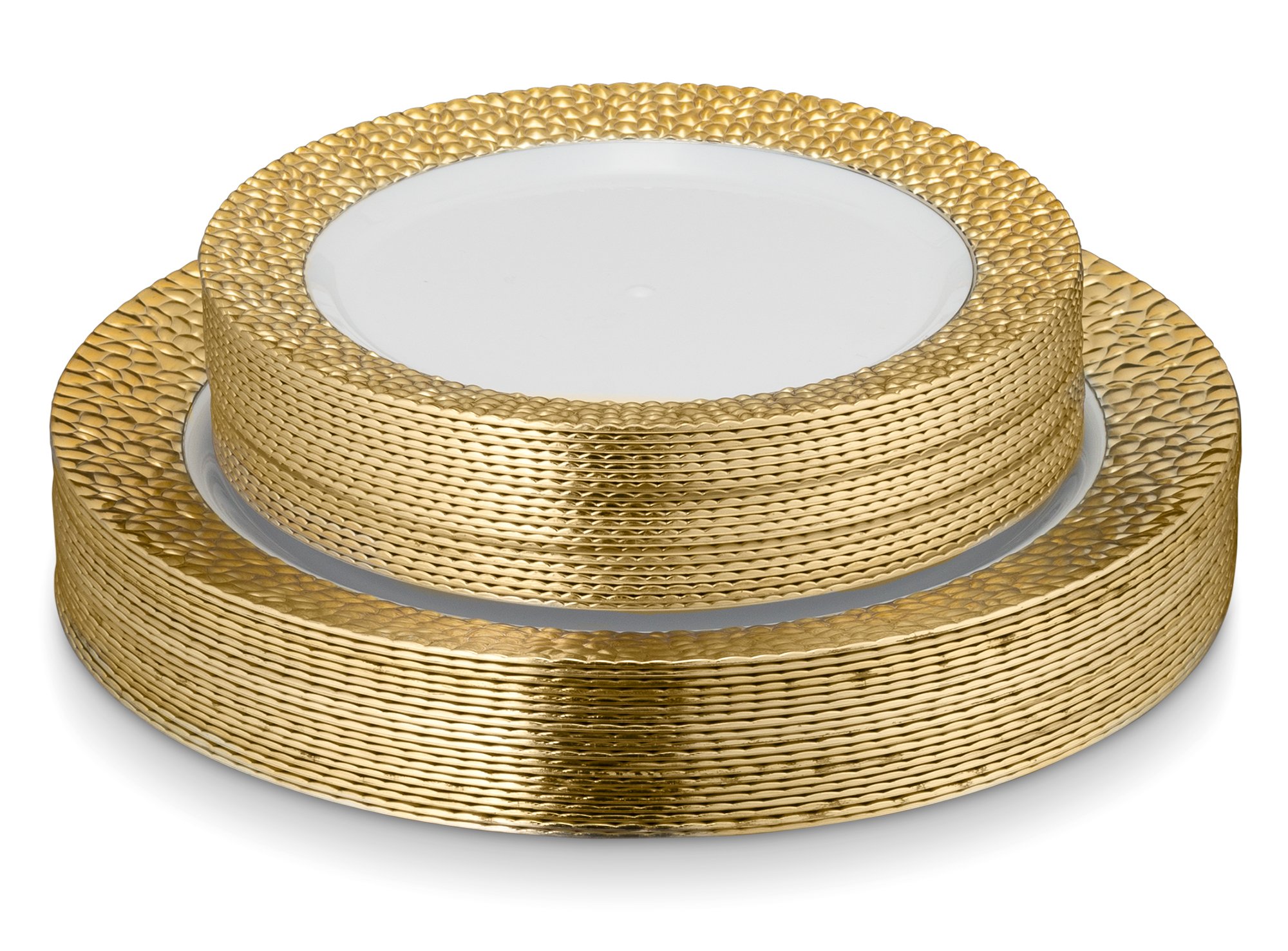 Laura Stein Designer 32-Piece Premium Plastic Dinnerware Set - White & Gold Rim Wedding/Party Plates (16 Dinner Plates 10.75