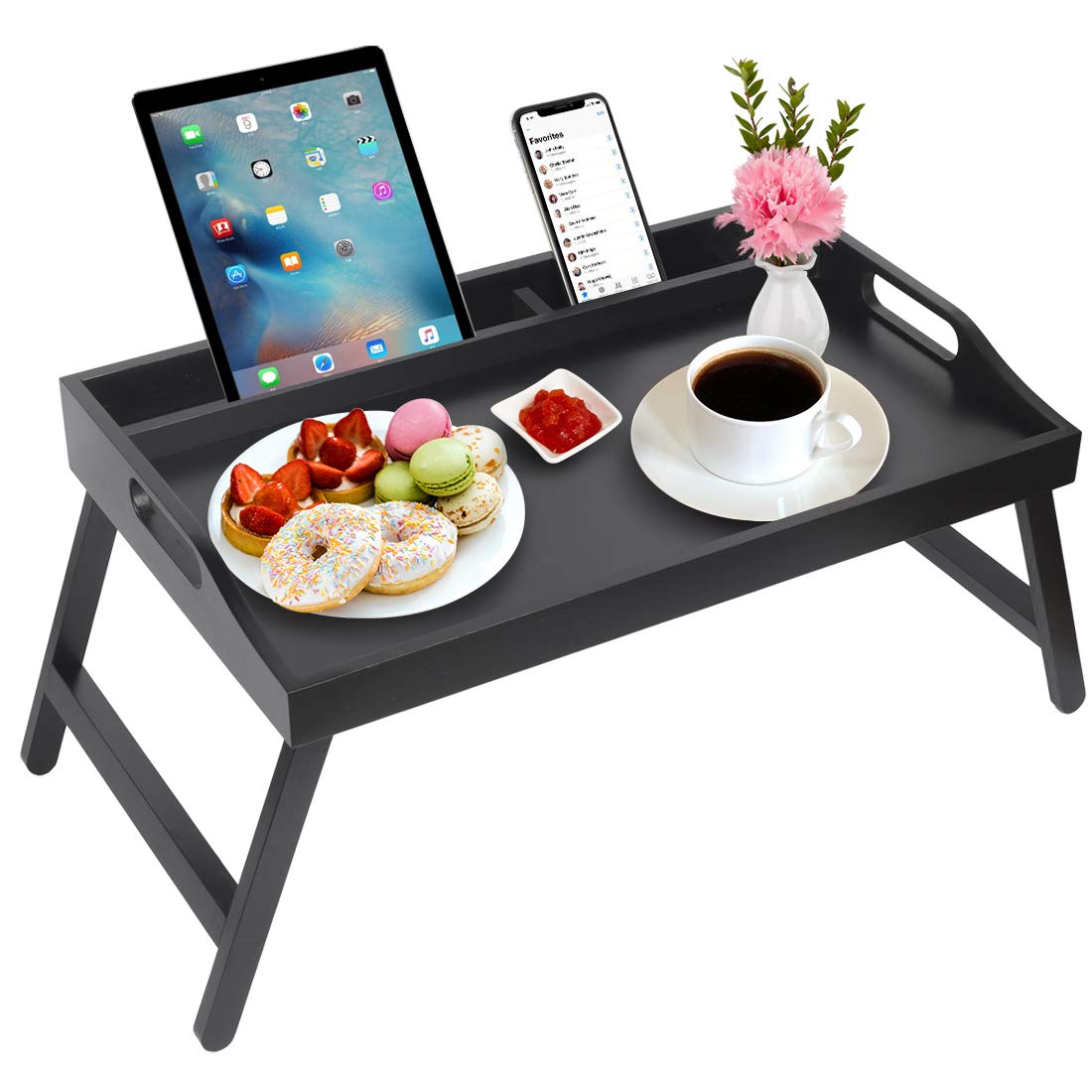 Foldable Bamboo Bed Tray with Handles - Portable Breakfast, Laptop & Serving Tray with Media Slot - Perfect for Breakfast in Bed, Home Office, Snacking & TV Dinners (Black)