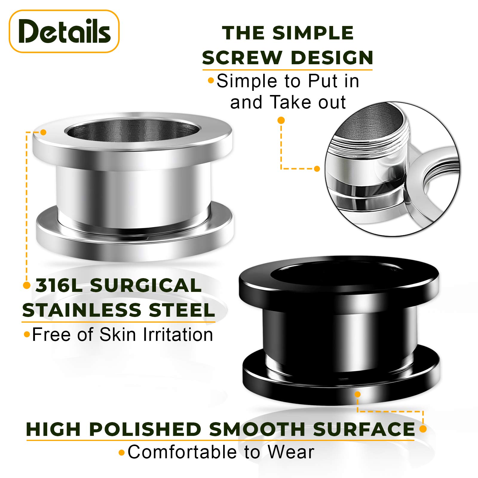 2 Pairs 316L Surgical Steel Screw Tunnels - Black Anodized Ear Stretching Plugs for Gauged Ears | Body Jewelry for Men & Women | Perfect for Daily Wear, Parties & Alternative Fashion