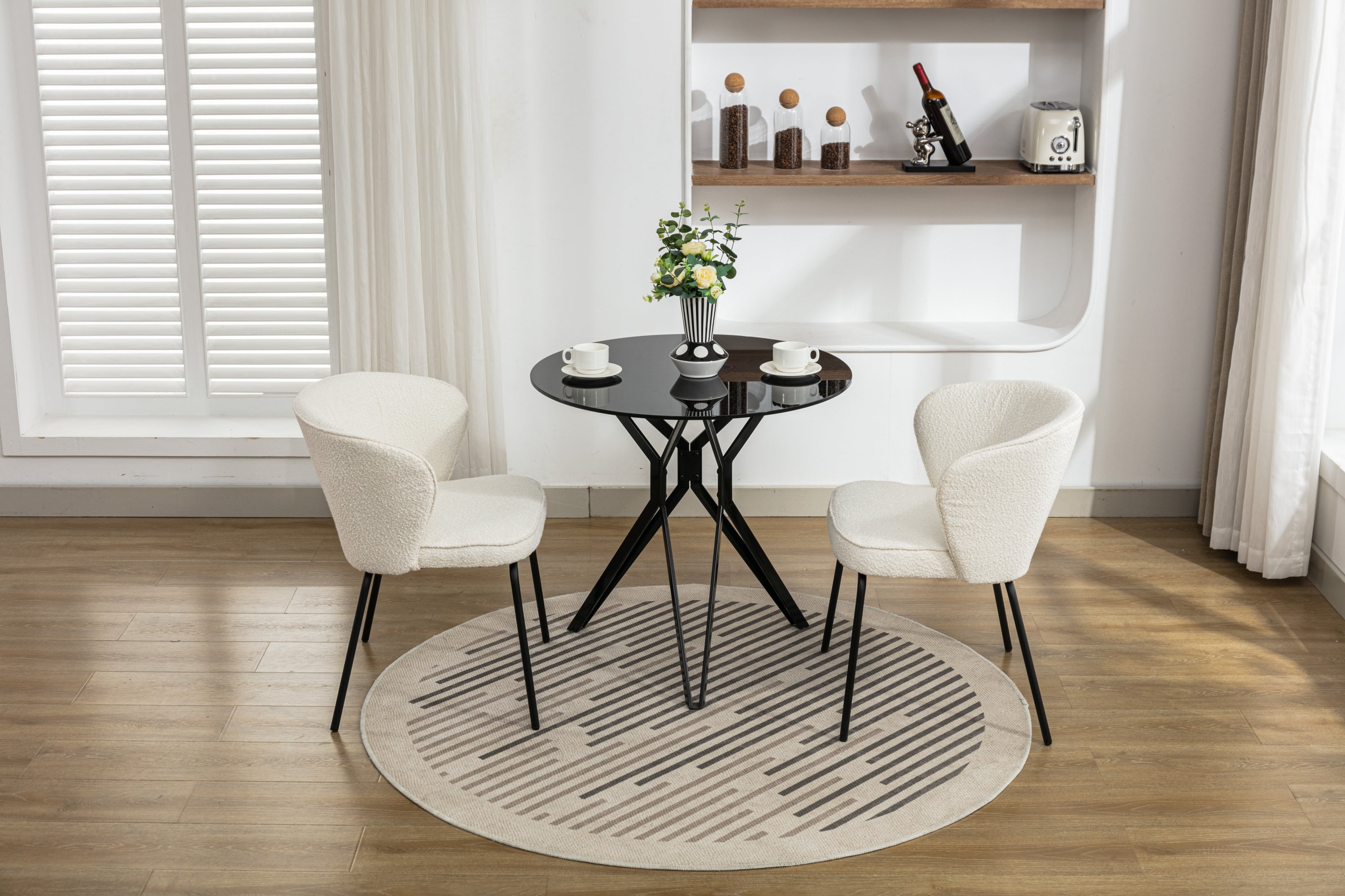 Set of 2 Modern Boucle Fabric Dining Chairs with Black Metal Legs in Ivory - Comfortable Upholstered Side Chairs for Kitchen, Dining Room, and Office Use