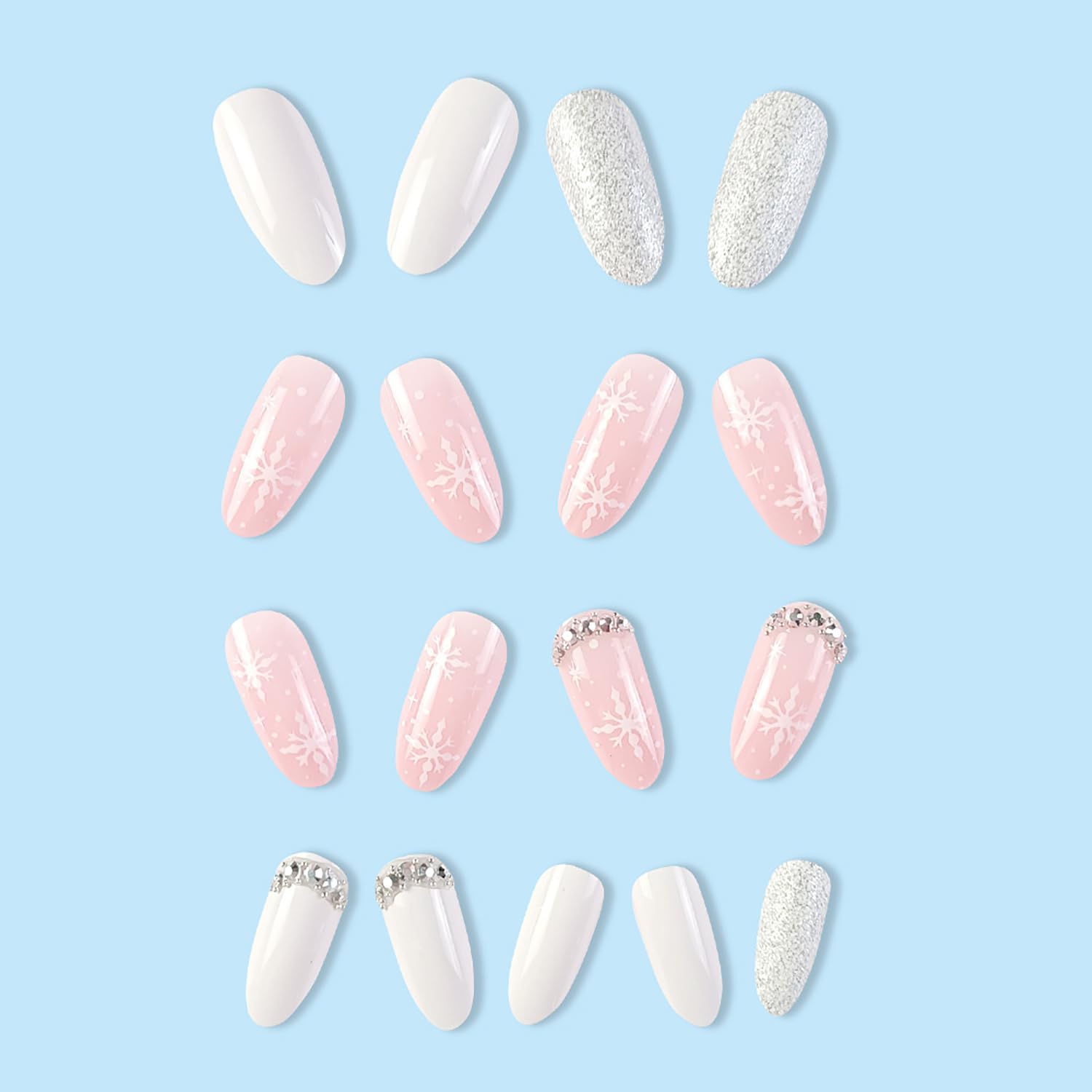 SWEKKE 24Pcs Medium Almond Press on Nails - Christmas Pink Full Cover Fake Nails with Rhinestones & Silver Glitter Designs | Glossy Artificial Nails for Women & Girls | Perfect for Holiday Parties, Gift Giving & Winter Nail Art