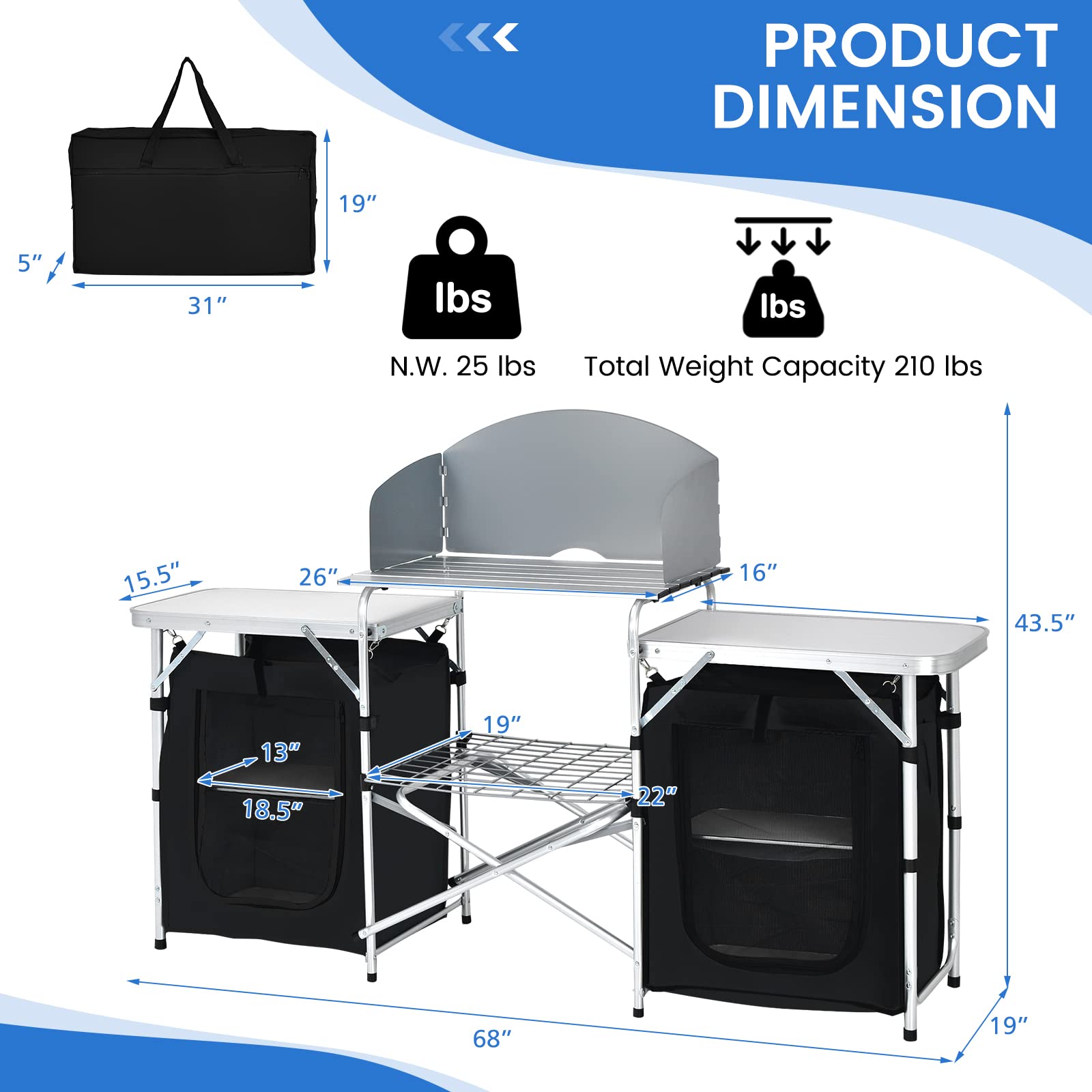 Tangkula 2-Tier Aluminum Folding Camping Table with Windscreen - Portable Cook Station with Storage Shelves & Carry Bag - Perfect for Outdoor Cooking, Picnics, BBQs, Camping & Backyard Parties