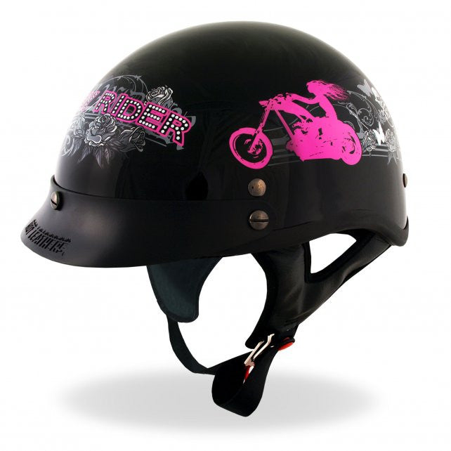 Hot Leathers D.O.T. Approved Women's Motorcycle Helmet with Rose Design - Gloss Black Finish - Perfect for Female Riders & Urban Commuting